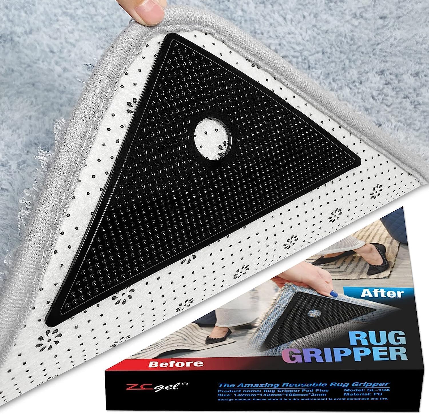 Microfiber Non-Slip Rug Grippers Pads for Area Rectangular Shape Rug and Carpet 4 Pcs Adhesive Hook and Loop to Prevent Carpet Movement and Curling (Black)