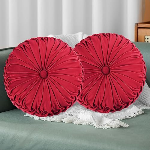 Miniatura 23 de HIG - Juego de 2 almohadas decorativas redondas plisadas, almohadas de calabaza de acento elegantes con botón central, almohadas de suelo