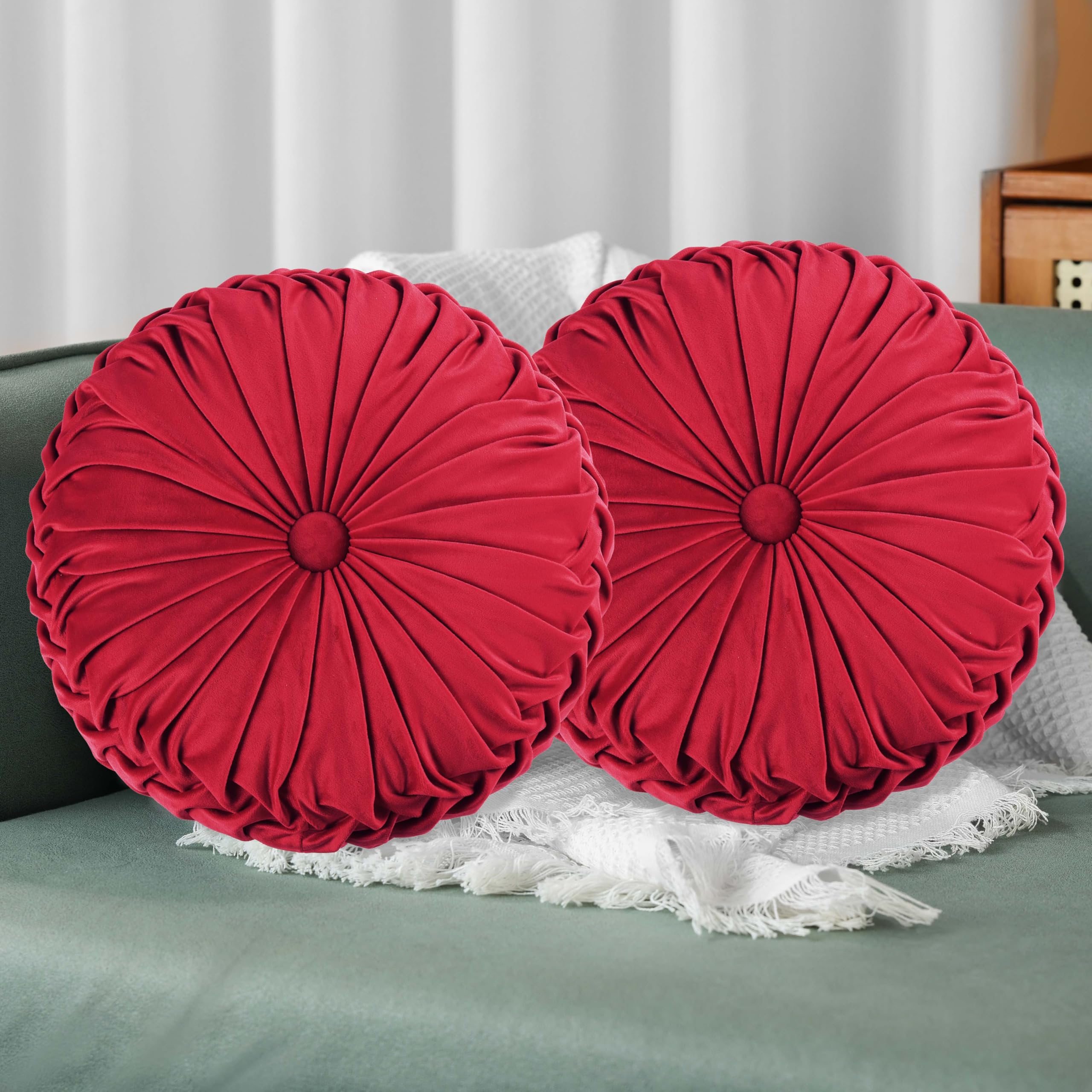 HIG Set of 2 Red Velvet Decorative Round Pleated Throw Pillows