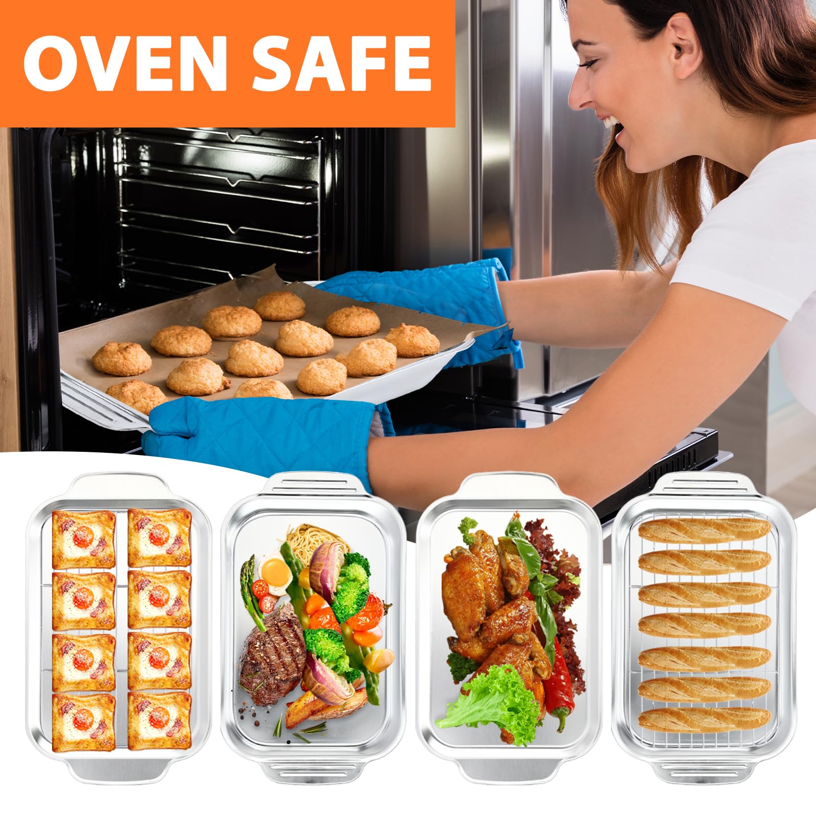 Backformen-Set mit Gestell: 3-teiliges Edelstahl-Backblech-Set, breiter Griff, Küchen-Backformen für Kekse, Kuchen, 40,6 x 24,4 cm tiefes Lasagne-Pfannenbräter, spülmaschinenfest