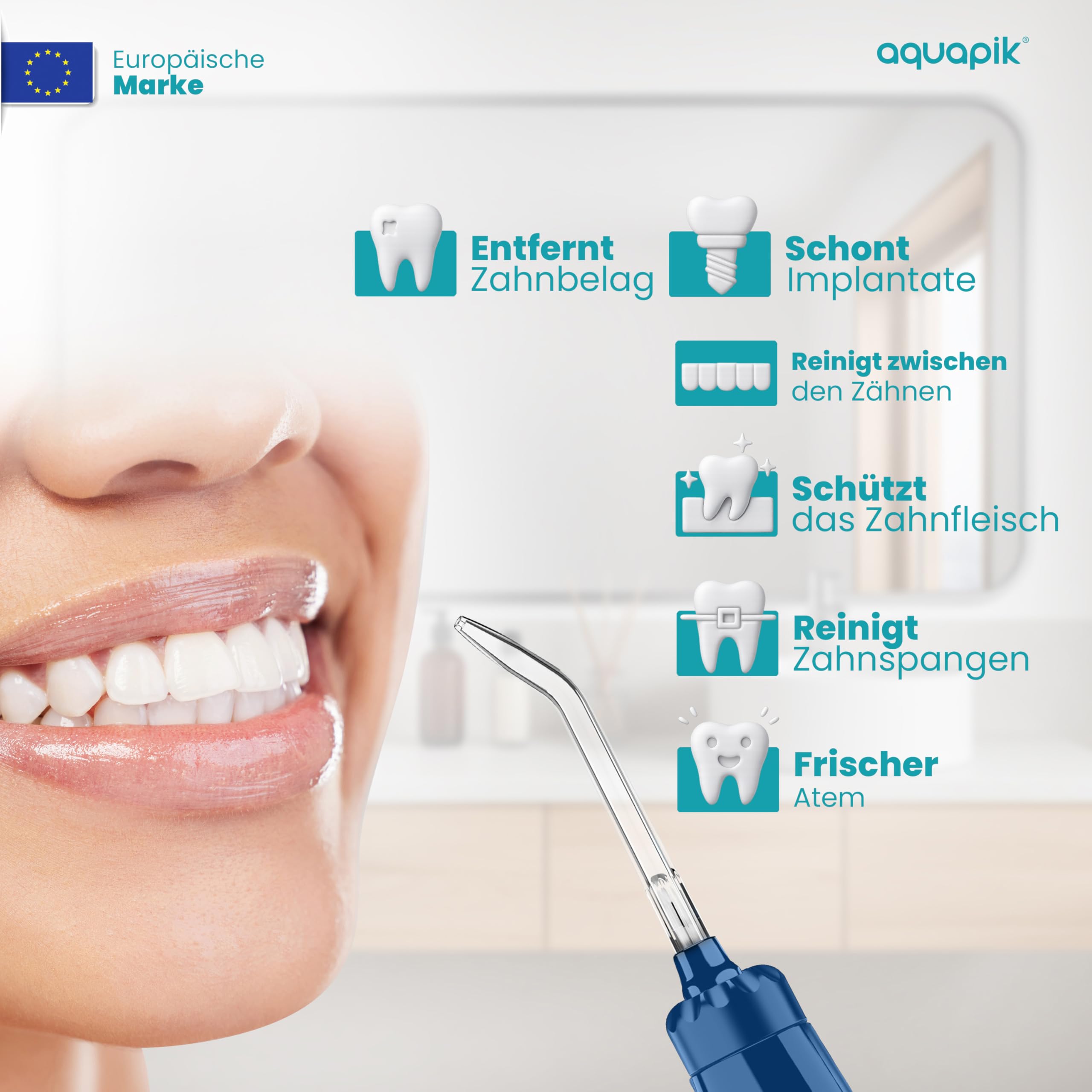Aquapik® ADVANCED Munddusche | Ideal für Zahnspangen, Implantate und empfindliches Zahnfleisch | Aufhellungs-Kit entfernt Flecken | 10 Druckstufen | 10 Düsen | Von Zahnärzten empfohlen.