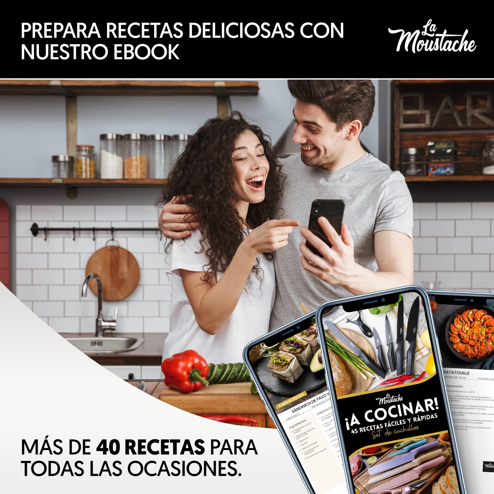 La Moustache Set de Cuchillos de Cocina Profesionales 6 Piezas Acero Inoxidable Antiadherente