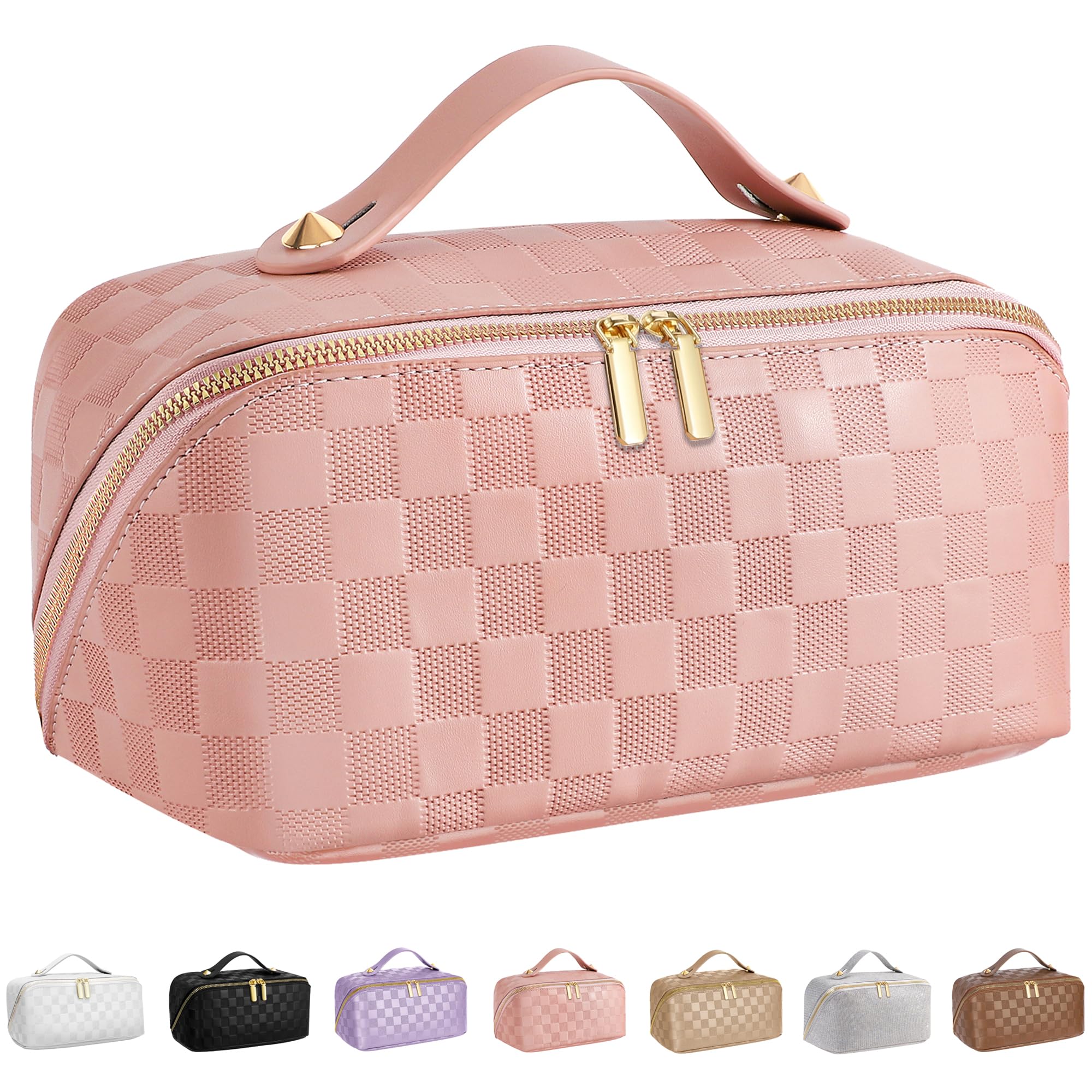 ALEXTINALarge Capacity Travel Cosmetic Bag - Portable Makeup Bags for Women Waterproof PU Leather Checkered Makeup Organizer Bag with Dividers and Handle,Toiletry Bag for Cosmetics, pink