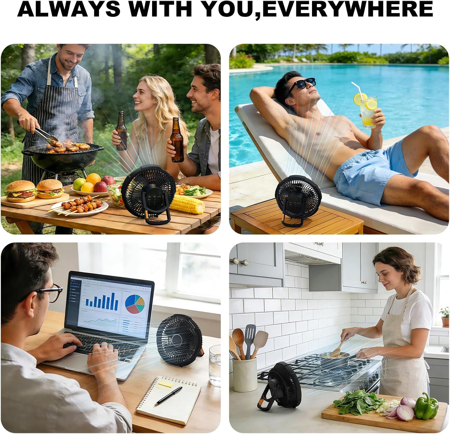 Water-Resistant Fan (IP45 Rated), Shock-Resistant (MIL-STD-810H Rated), Cordless Rechargeable Fan, Quiet, Built-in Carabiner, Portable for Camping, Multiple Timer Settings