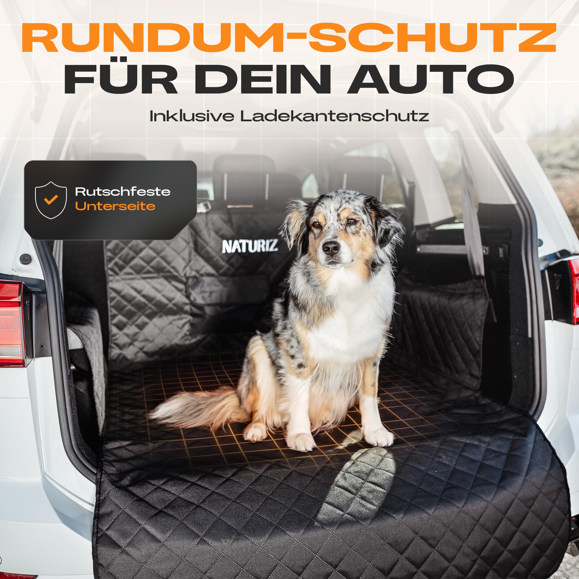Naturiz® Kofferraumschutz Hund mit Seiten- & Ladekantenschutz - Hundedecke Auto Kofferraum - Universal Kofferraum Schutzmatte Wasserdicht & Pflegeleicht für Hunde -Hundematte mit Tasche (Kofferraum)