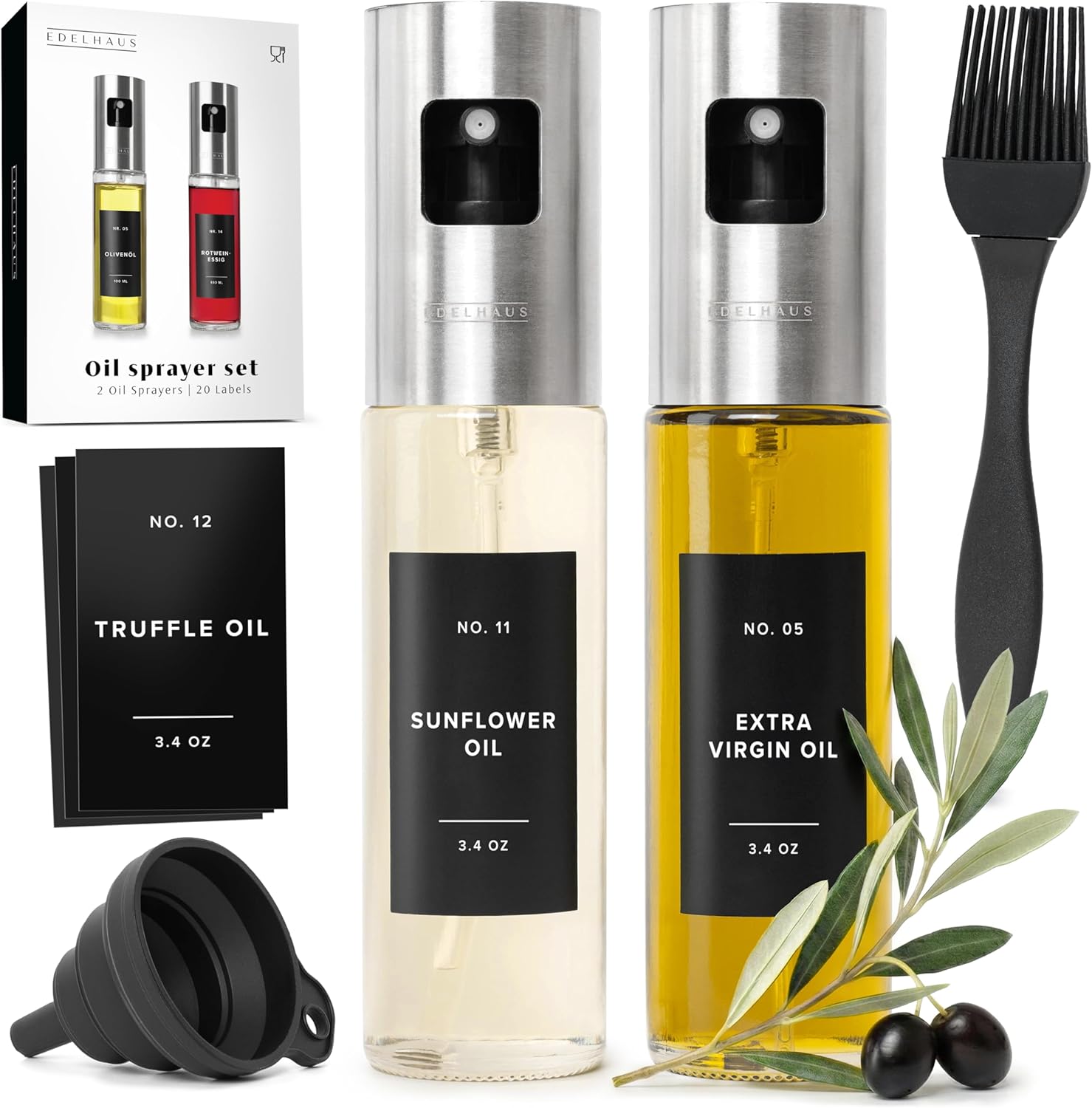Oil Sprayer Set of 2 Oil Spray Bottle Made of Stainless Steel & Glass, for Healthy Cooking, Sprayer for Precise Dosage, for Cooking Oil & Vinegar Including (Silver Lids, 2 Pack)