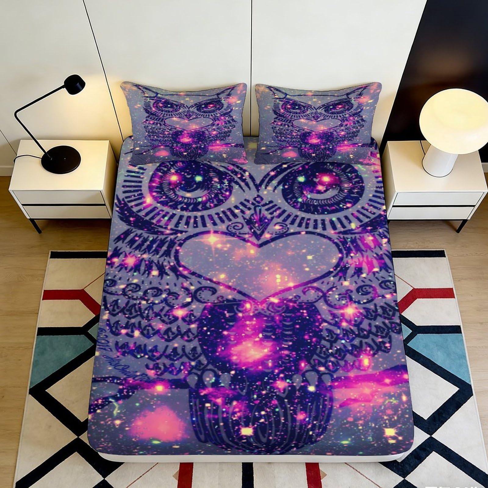 3D Printed Galay Owl Fitted Sheet, Microfiber Soft Touch Bed Cover, Bedroom Decor, Wrinkle Resistant, Apartment Bedding, Easy Care, Purple Blue 160x200x25cm