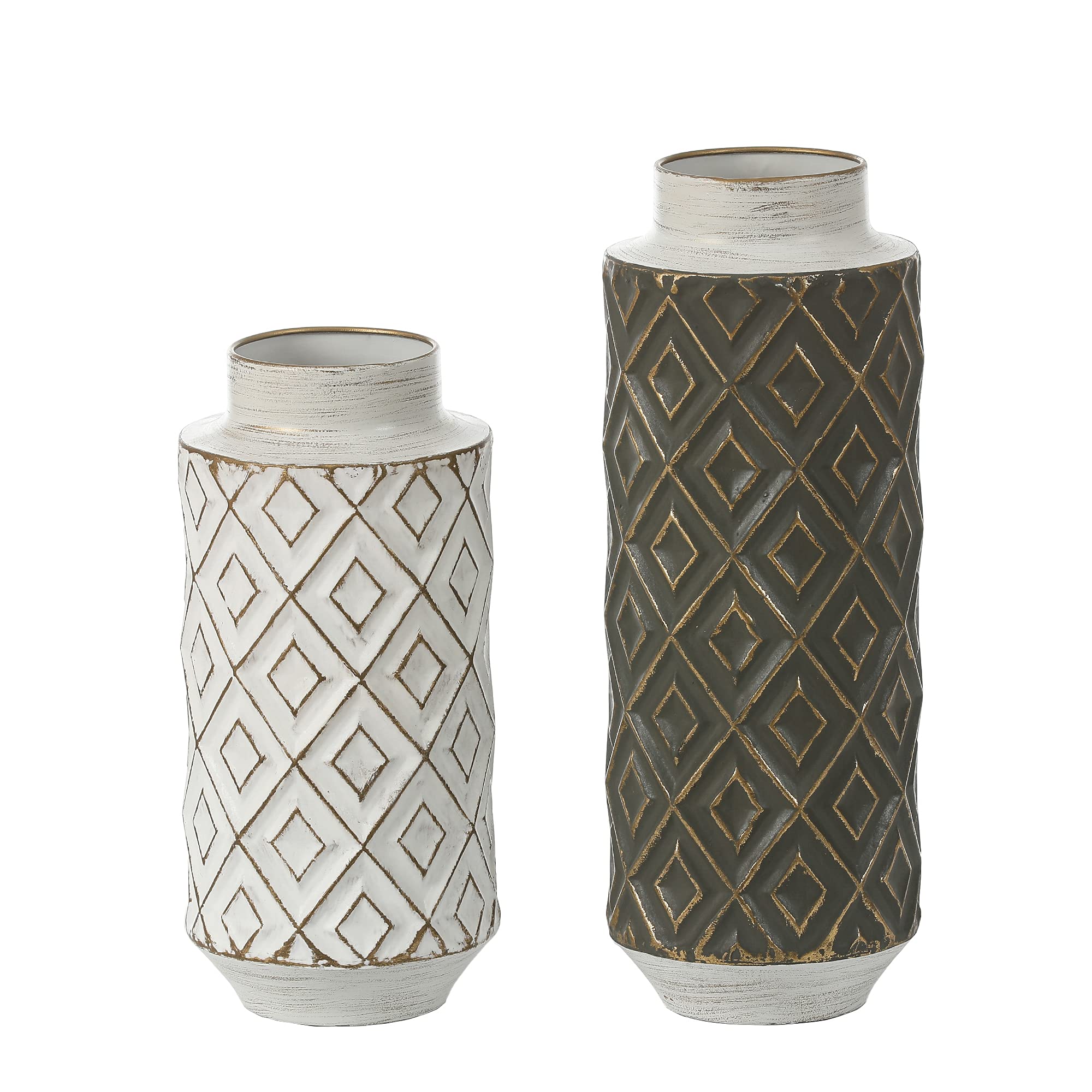 LuxenHome Set of 2 Distressed Black and White Metal Bottle Vases