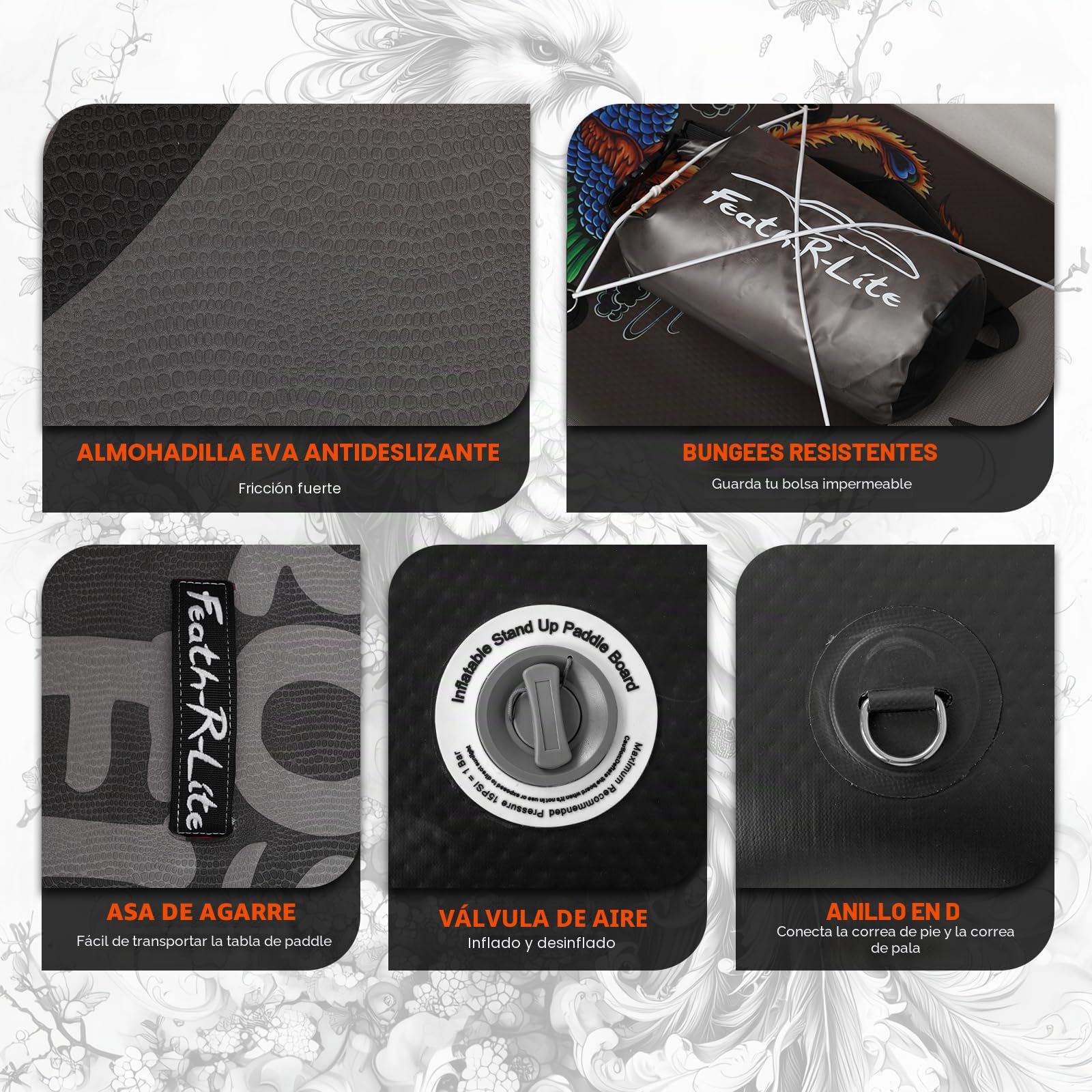 FEATH-R-LITE Tabla de Paddle Surf Inflable Multifuncional con Bomba Manual, Mochila Sup, Correa, Remo Ajustable, para Adultos de Todos los Niveles de Habilidad