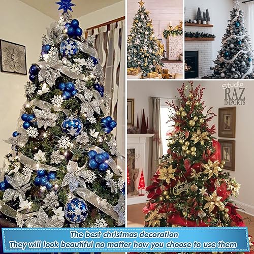 Miniatura 7 de Liliful Juego de 132 adornos para árbol de Navidad, surtido de bolas de Navidad, luces LED, lazos de pascua con purpurina, cintas para decoración de