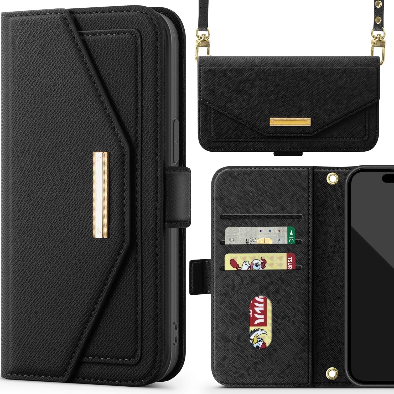 NODALA iPhone 17 Pro Max 用 ケース 手帳型 ショルダー スマホケース いphone17promax 携帯ケース 肩掛け 斜めがけ アイフォン17 プロプロマックス カバー 財布型 あいふおん17promax カード収納 小銭入れ ミラー付き 女性 鏡付き おしゃれ PUレザー 横置ステント機能 マグネット式 折りたたみ 全面保護 耐衝撃 人気 ブラック