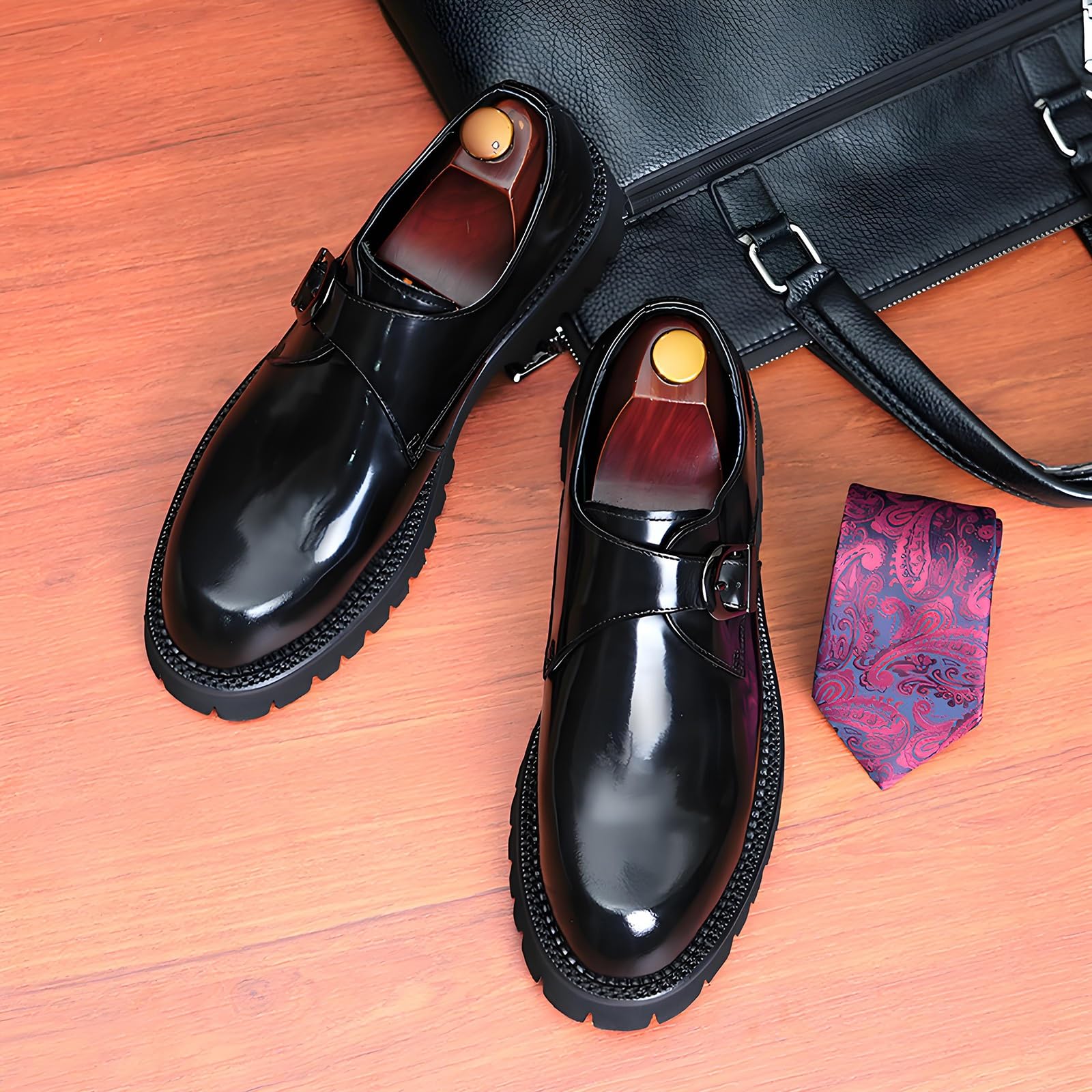 Męskie buty do sukienki biznesowej na co dzień i do biura, antypoślizgowa gumowa podeszwa, podwyższające wsparcie, oddychające skórzane oksfordy, Brązowy, 38.5 EU