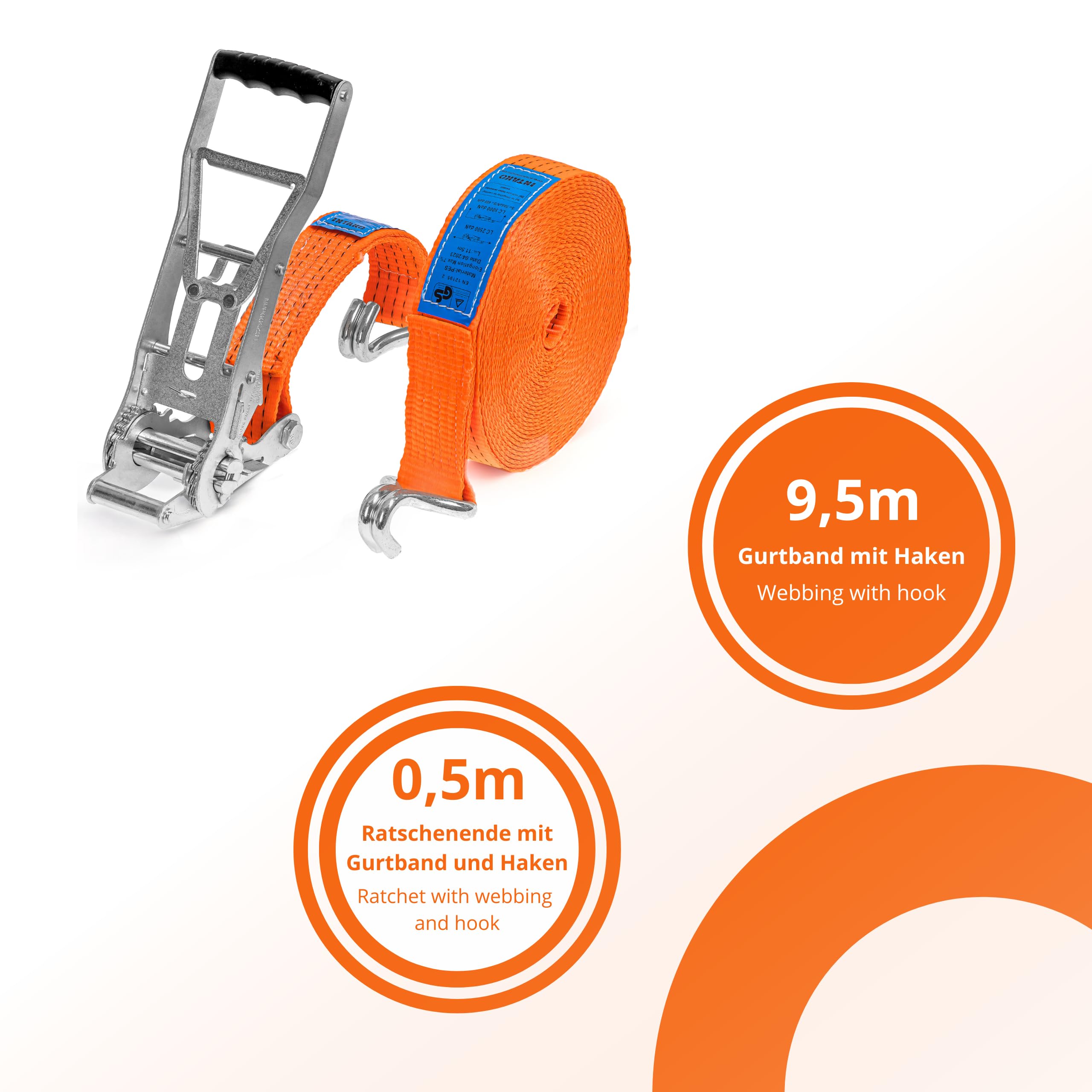 INTAKO Cinta de Trincaje con Tensor Ratchet Ergonómico - 50mm 5000KG 8M - Sistema de Amarre Completo para Camión - 2 Piezas de Cinchas de Amarre y 2 Protectores de Bordes (10m)
