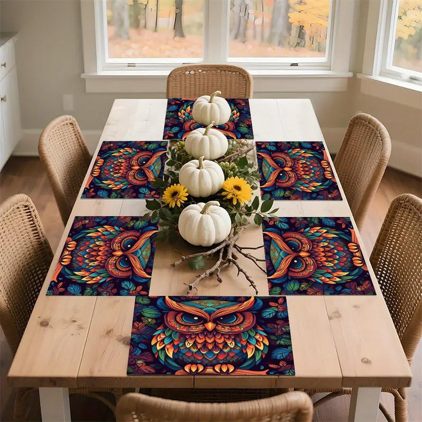 Color Owl Pattern Placemats Wipeable Heat Resistant Table Mats Washable Flax Place Mats Elegant Cloth Non-Slip Placemat for Kitchen Dinning Party Table Decor 12 * 18 in