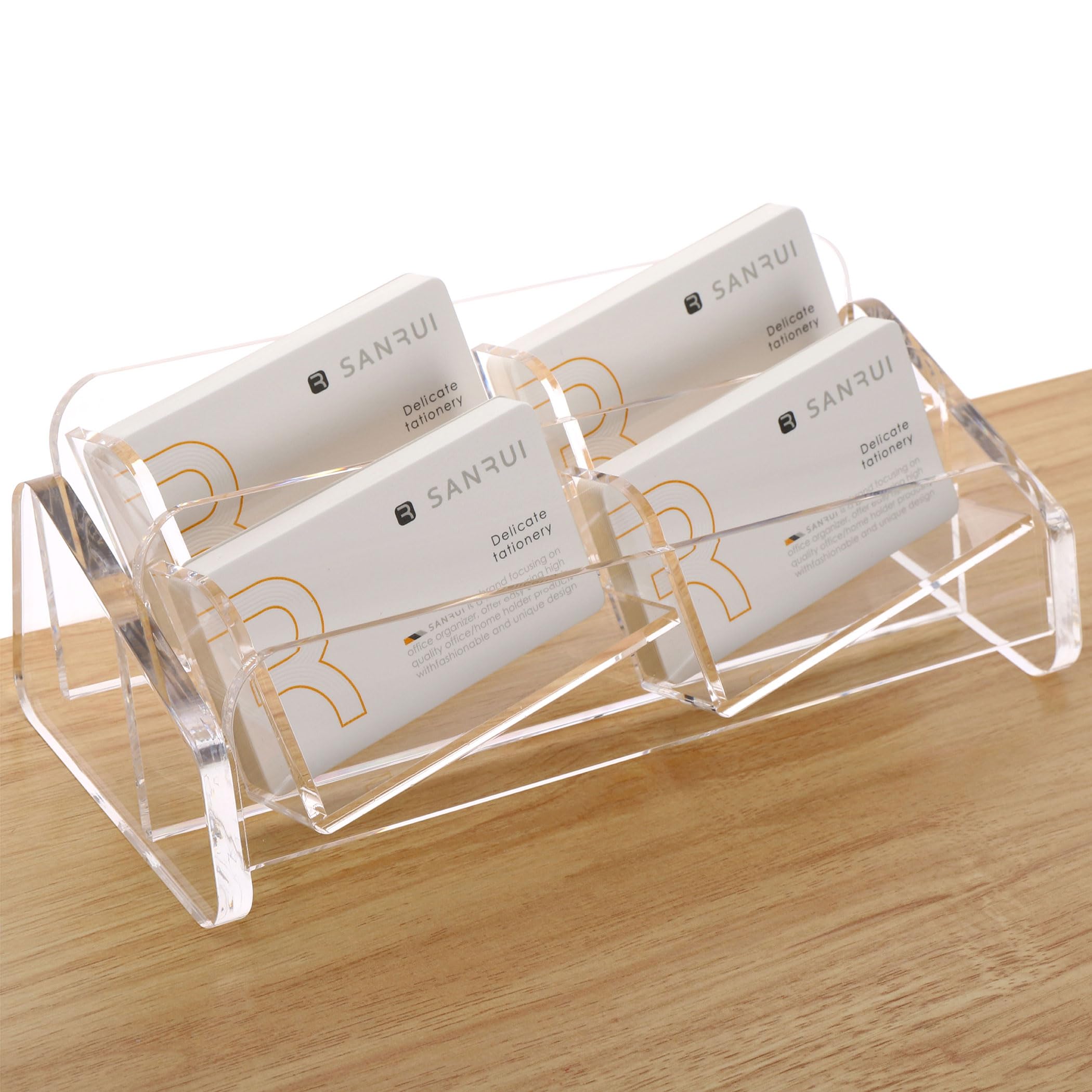 SANRUI Business Card Holder for Desk, Slant Clear Acrylic Desktop Cards Organizer, 2 Tier 4 Slots, Holds 240 Cards