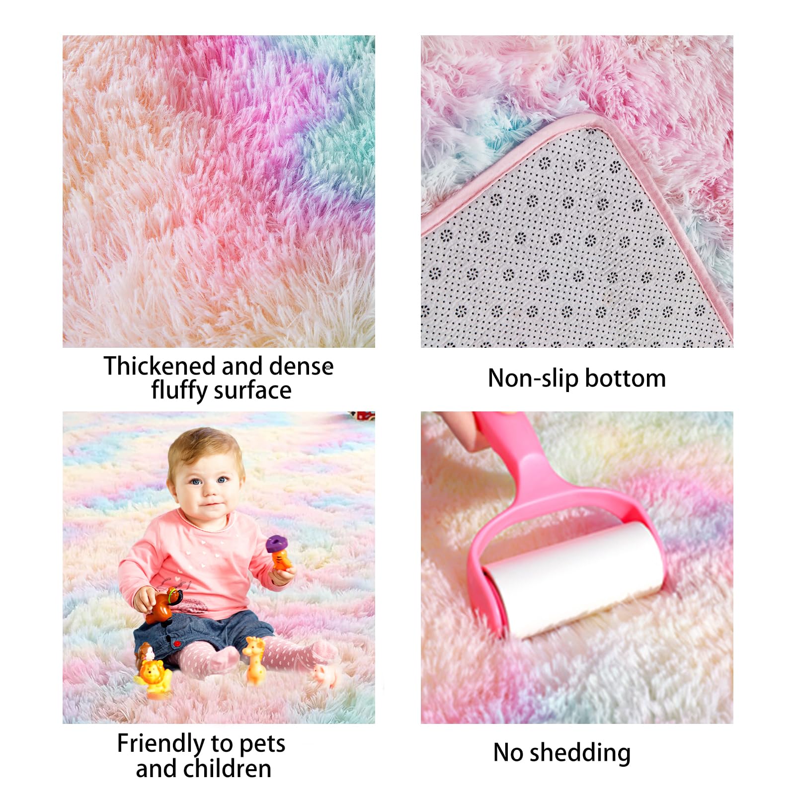 Tappeto per camera da letto, 160 x 200 cm, soffice tappeto shag per comodino, soggiorno, cameretta dei bambini, cameretta dei bambini, arcobaleno