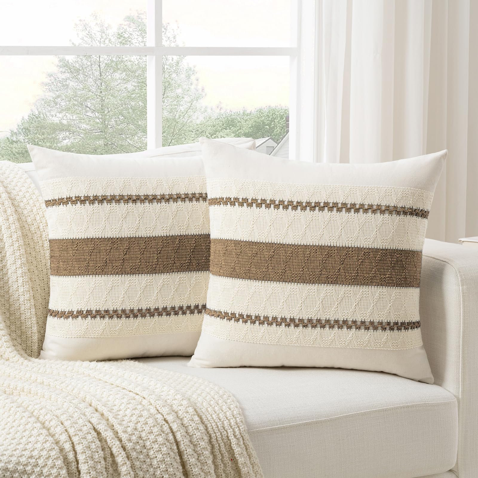 Fancy Homi Set of 2 Boho Light Brown Decorative Throw Pillow Cover 16x16 Inch for Couch Bed Sofa, Aesthetic Modern Organic Farmhouse Home Decor, Soft Cotton Cute Accent Macrame Woven Cushion Case