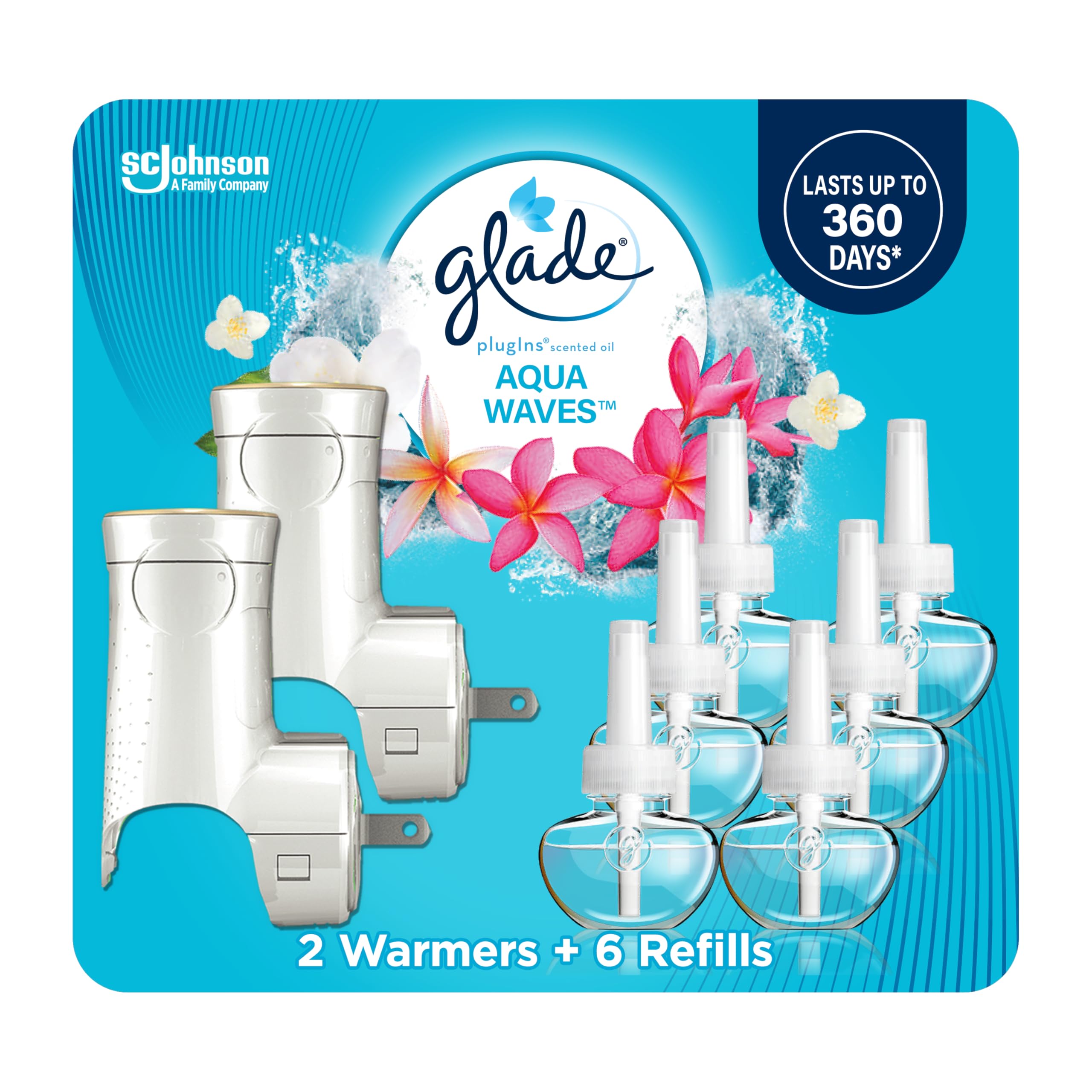 Glade PlugIns Refills Air Freshener Starter Kit, Scented and Essential Oils for Home and Bathroom, Aqua Waves, 4.02 Fl Oz, 2 Warmers + 6 Refills