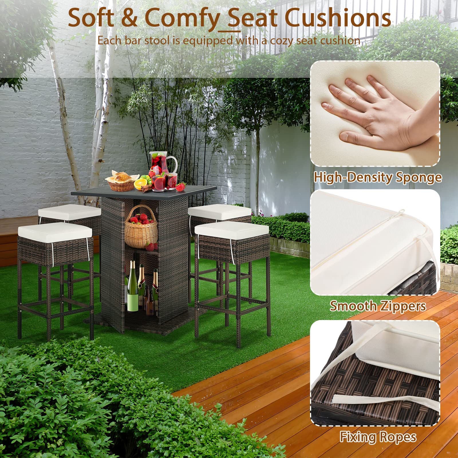 GIANTEX Ensemble de bar extérieur en rotin 5 pièces, table et 4 tabourets hauts avec coussins amovibles