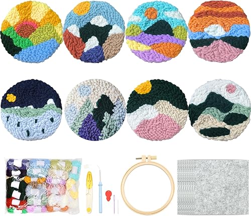 BORISCA Kit de posavasos de aguja perforadora de bordado, kits de 8 patrones de agujas perforadoras para adultos principiantes, manualidades para