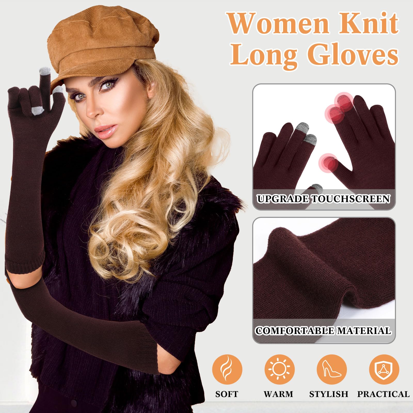 Liitrsh 6 Pairs Women Knit Long Gloves Touchscreen Arm Warm Texting Gloves for Women Touchscreen Winter Finger Mittens for Adult