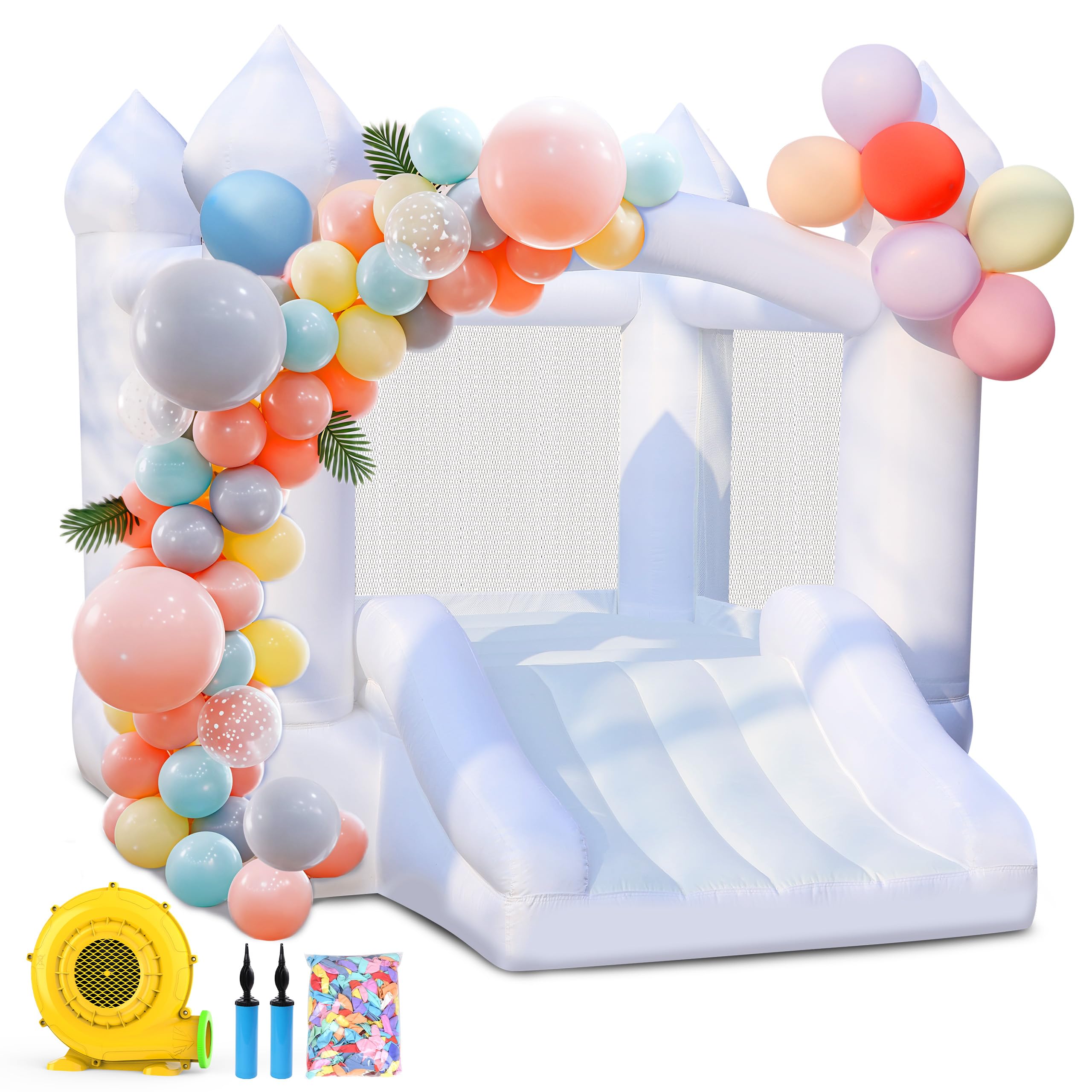 Puligoth White Bounce House for Kids: Portable Inflatable Bouncy House with Blower for Indoor Outdoor Birthday Party, Wedding - Small Bouncy Castle with Slide and Storage Bag for Kids 3-6