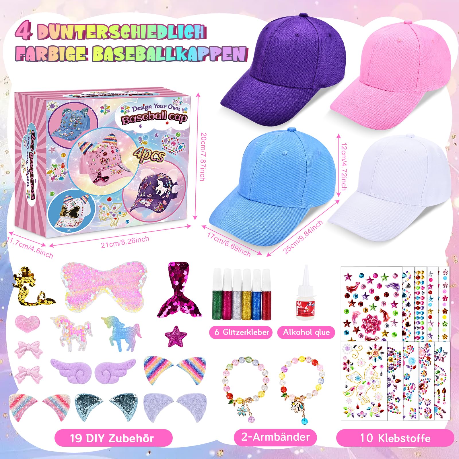 Aragallant Geschenke für Mädchen Baseballkappe Bastelset, 4 PCS DIY Baseballkappe mit Einhorn Armbänder Edelstein Aufklebern Flügel, Schulanfang Geburtstag Geschenk Mädchen 4 5 6 7 8 9 10 Jahre