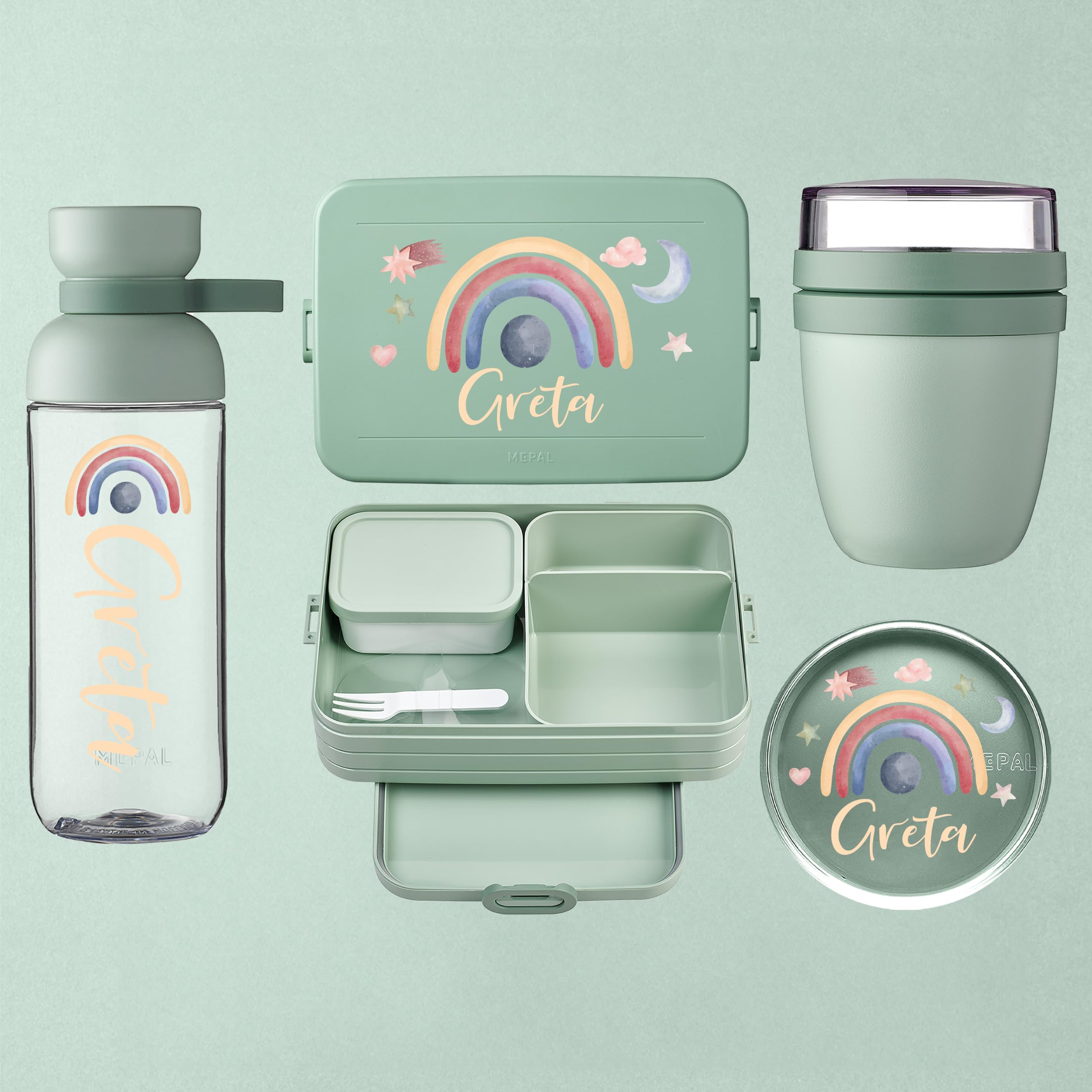 Mepal Personalisierte Brotdose Trinkflasche | Regenbogen Motiv Aquarell