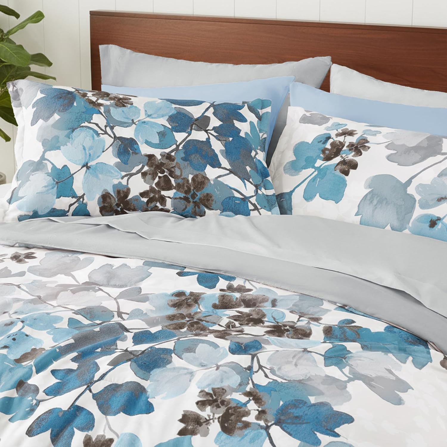 Full Comforter Set Blue Bed Set, 9 Pieces Cute Floral Bedding Set Ultra Soft Botanical Flowers Comforter, Sheets, Pillowcases & Shams