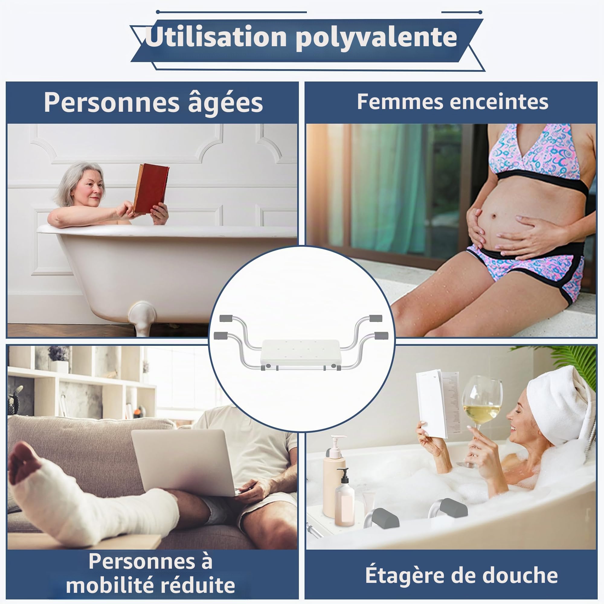 LZQ Planche de bain en aluminium pour personnes âgées, extensible de 72 à 82 cm, capacité de charge de 150 kg, siège de bain générique, antidérapant, avec poignée fixe, pour personnes âgées, femmes