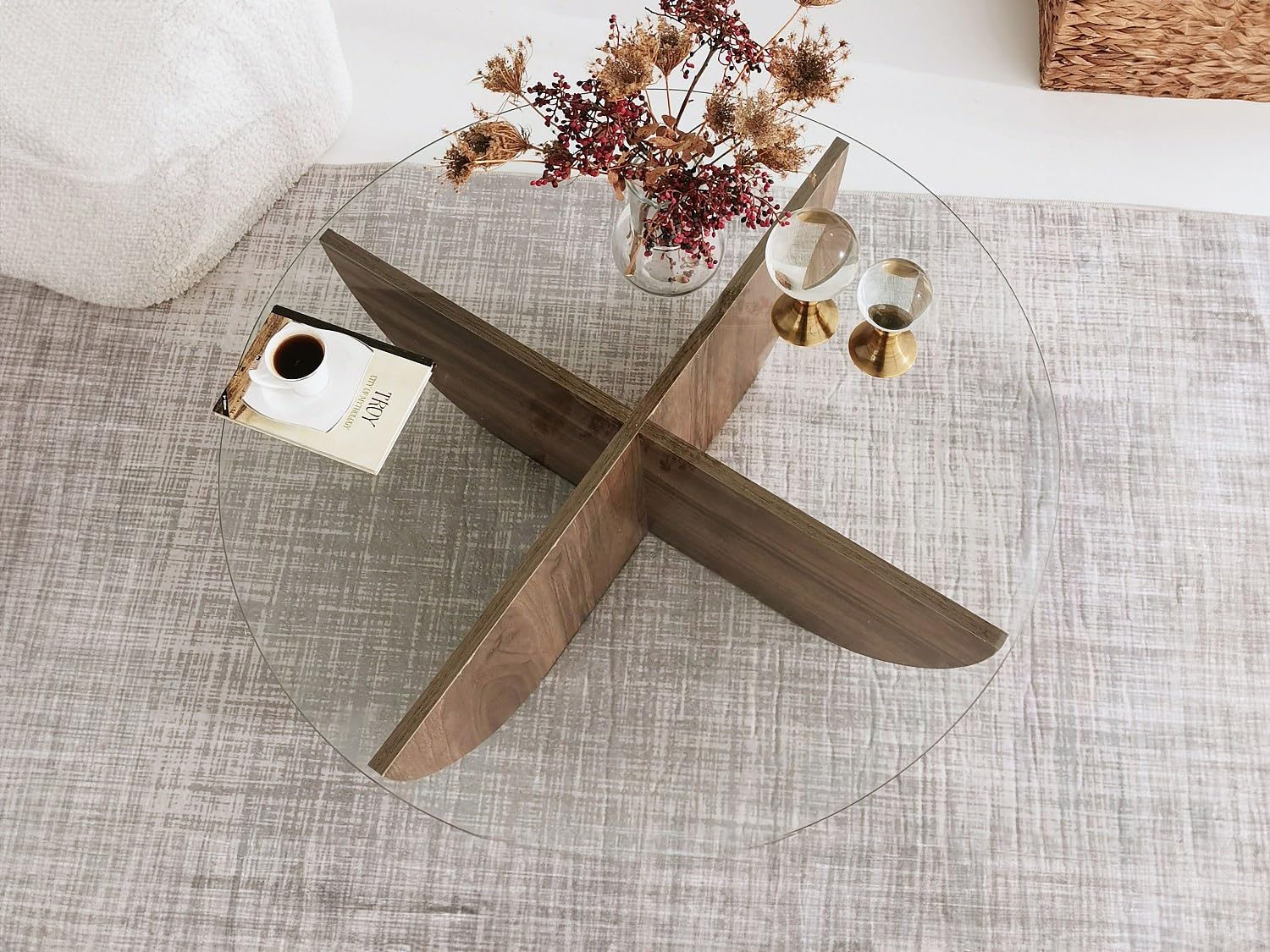 Menzzo Table Basse Design Sunac D90cm Verre Transparent et Bois foncé