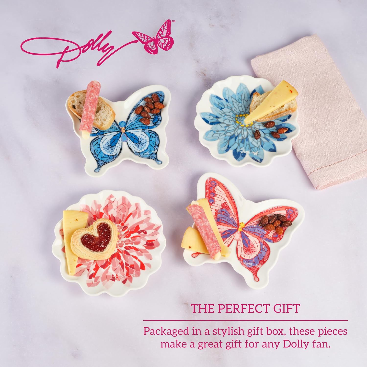 Dolly Parton Set of 4 Jeweled Mosaic Figural Butterfly Floral Accent Dessert Plates Stoneware Microwave and Dishwasher Safe, Gift Box, 7 Inch