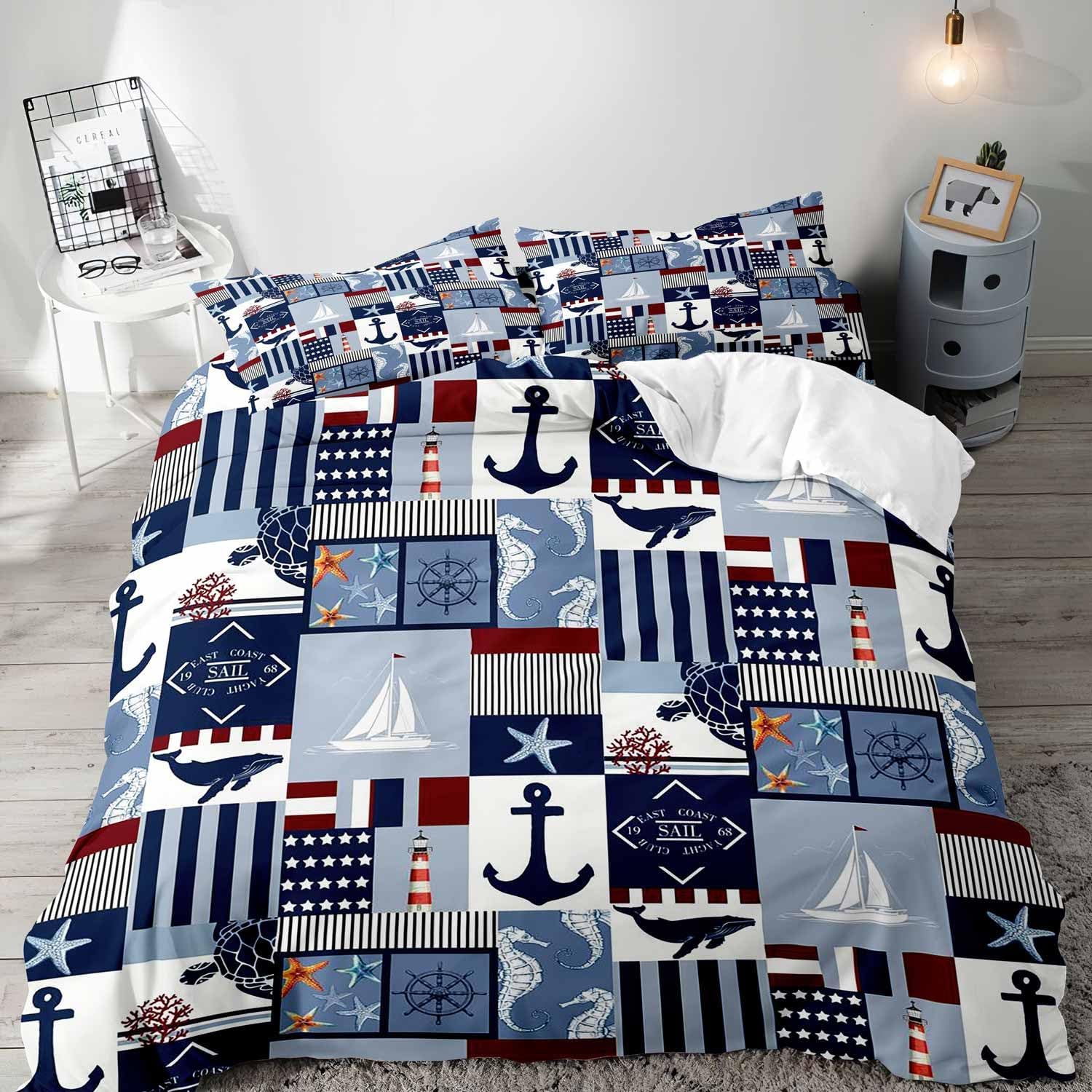 LUVIVIHOME 3PCS Nautical Bedding Set, Navy Blue Duvet Cover King, Anchor Lighthouse Seahorse Starfish Whale Sea Turtle Beach Ocean Coastal Striped Plaid Comforter Patchwork Quilt Cover, 2 Pillow Cases