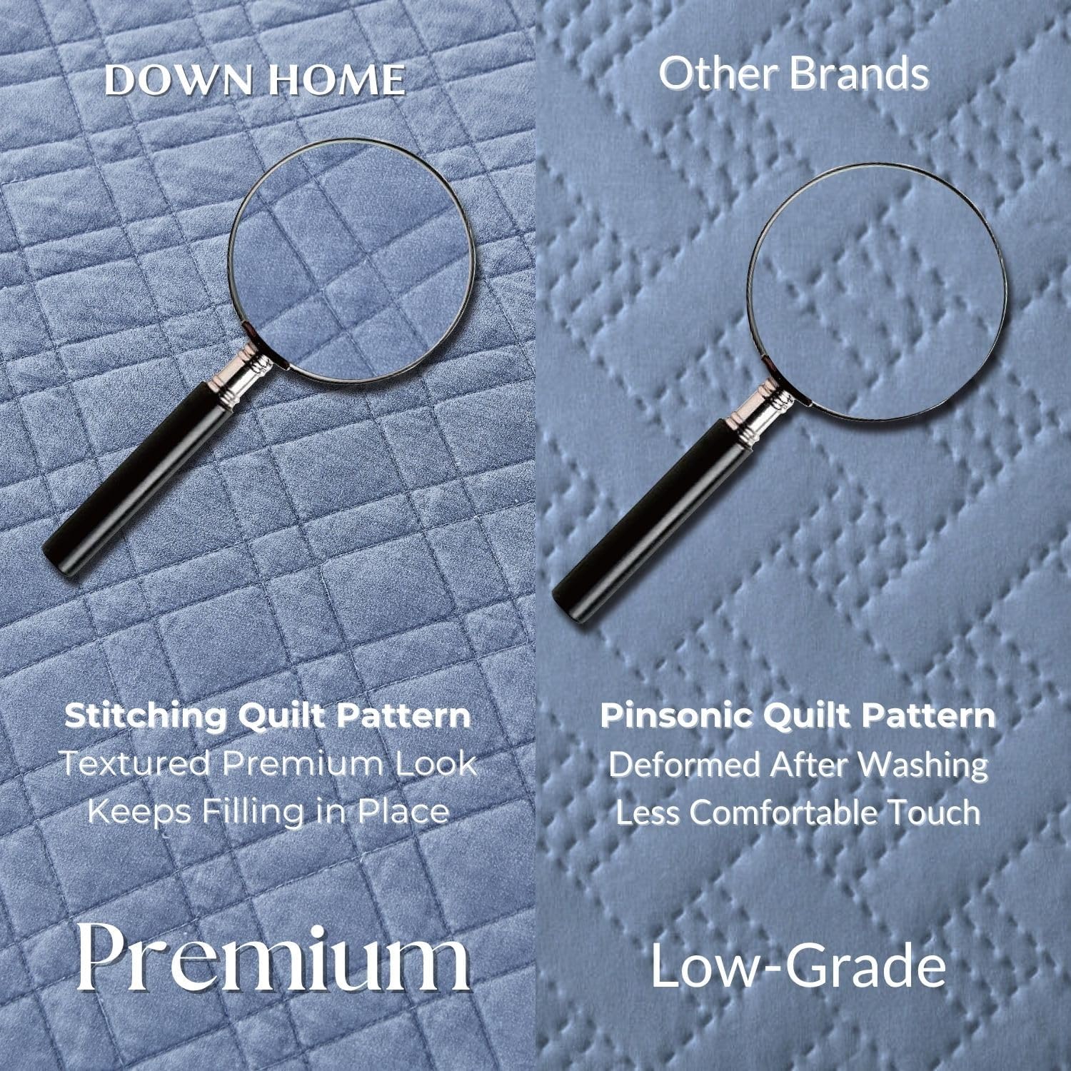 DOWN HOME Queen Quilt Set with Shams Lightweight Quilted Bedspread Coverlet Thin Comforter Bed Cover Vintage Washed Quilted Blanket for All Season, Brushed Microfiber Diamond Stitching, Blue, 88"x92"