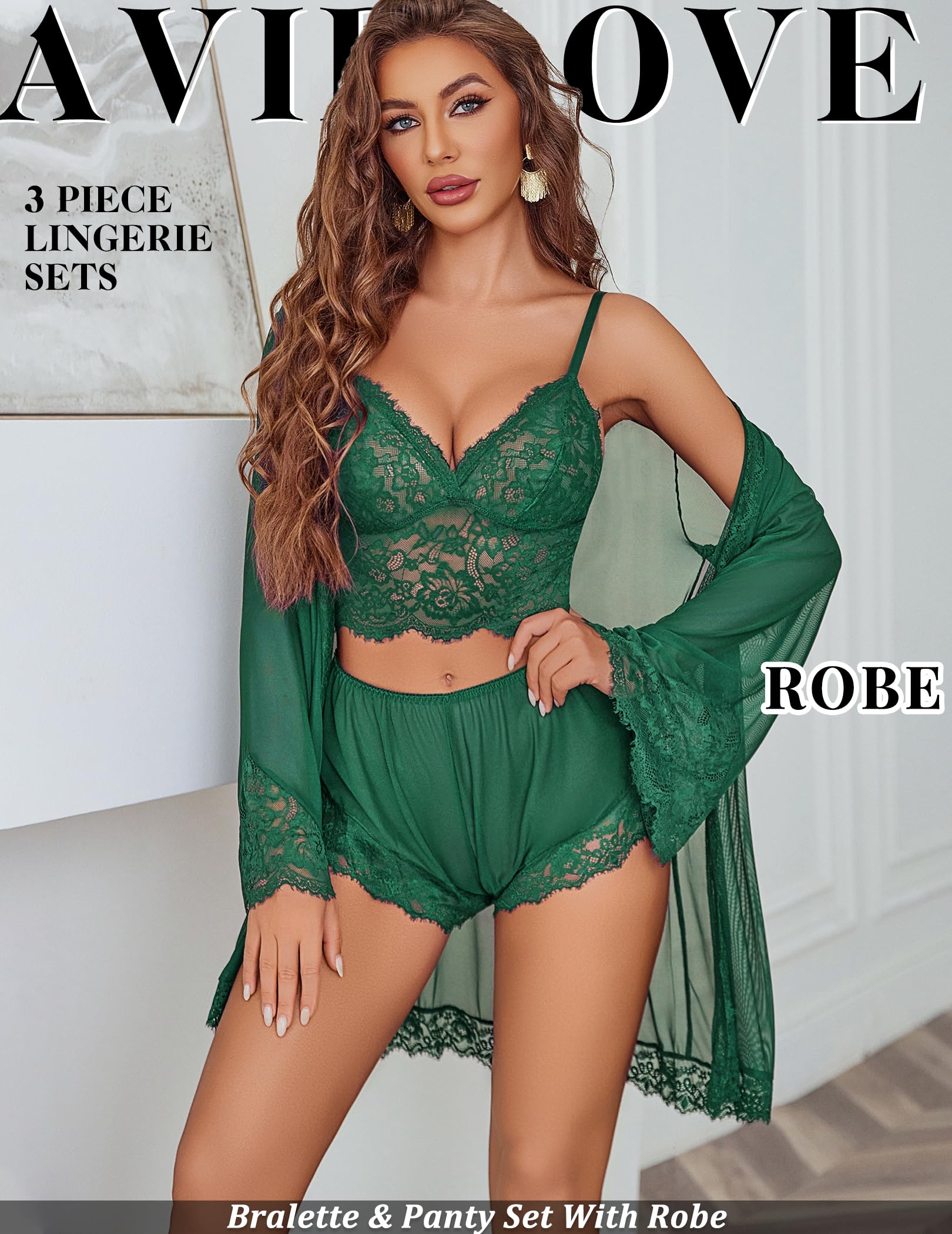 Avidlove Women Sexy Lingerie Set 3 Piece Lace Bralette and Panty Sets With Mesh Kimono Robe Sleepwear Exotic Nightgown: XX-Large Green