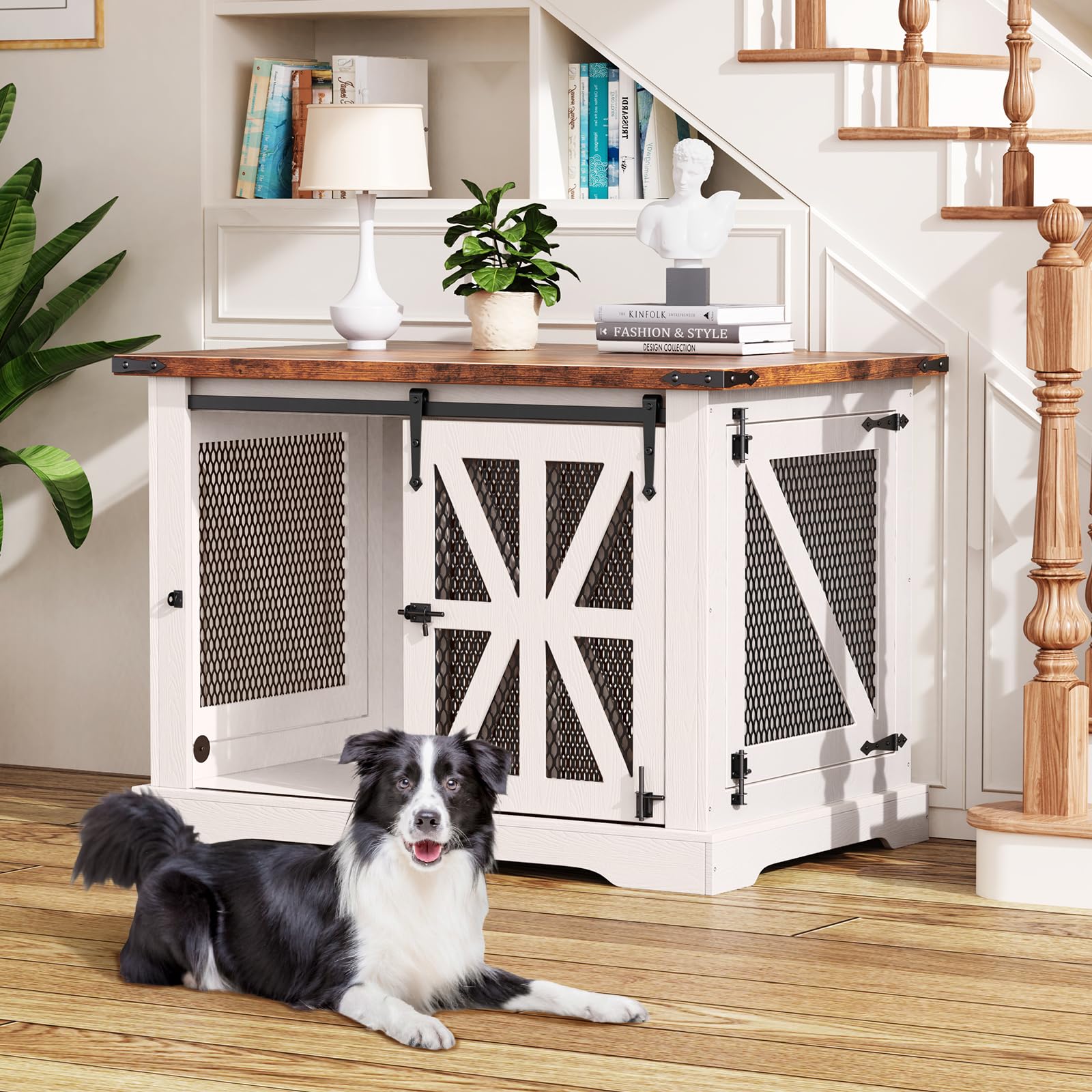 Hundebox, Hundekäfig für Zuhause, XL-Größe, Geeignet für Mittelgroße und Große Hunde, Verstärkt, um Bisse und Flucht zu Verhindern, 3-Türiges Design, Hundehütte Holz Indoor, 100×63×70 cm, Weiß