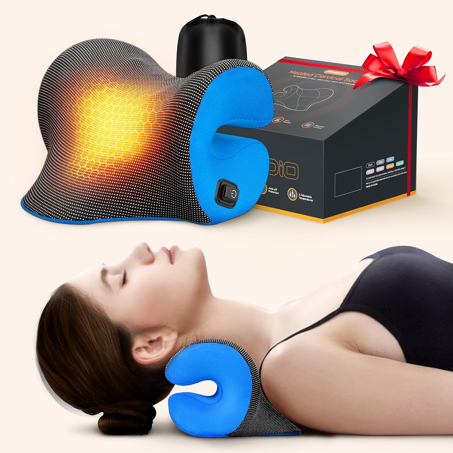 Deep Heated Neck Stretcher with Graphene Heating Pad, Odorless Neck Cloud Cervical Traction Device for Pain Relief, Chiropractic Pillow for Neck & Shoulder Comfort, Gift for Women, Men (Gray)