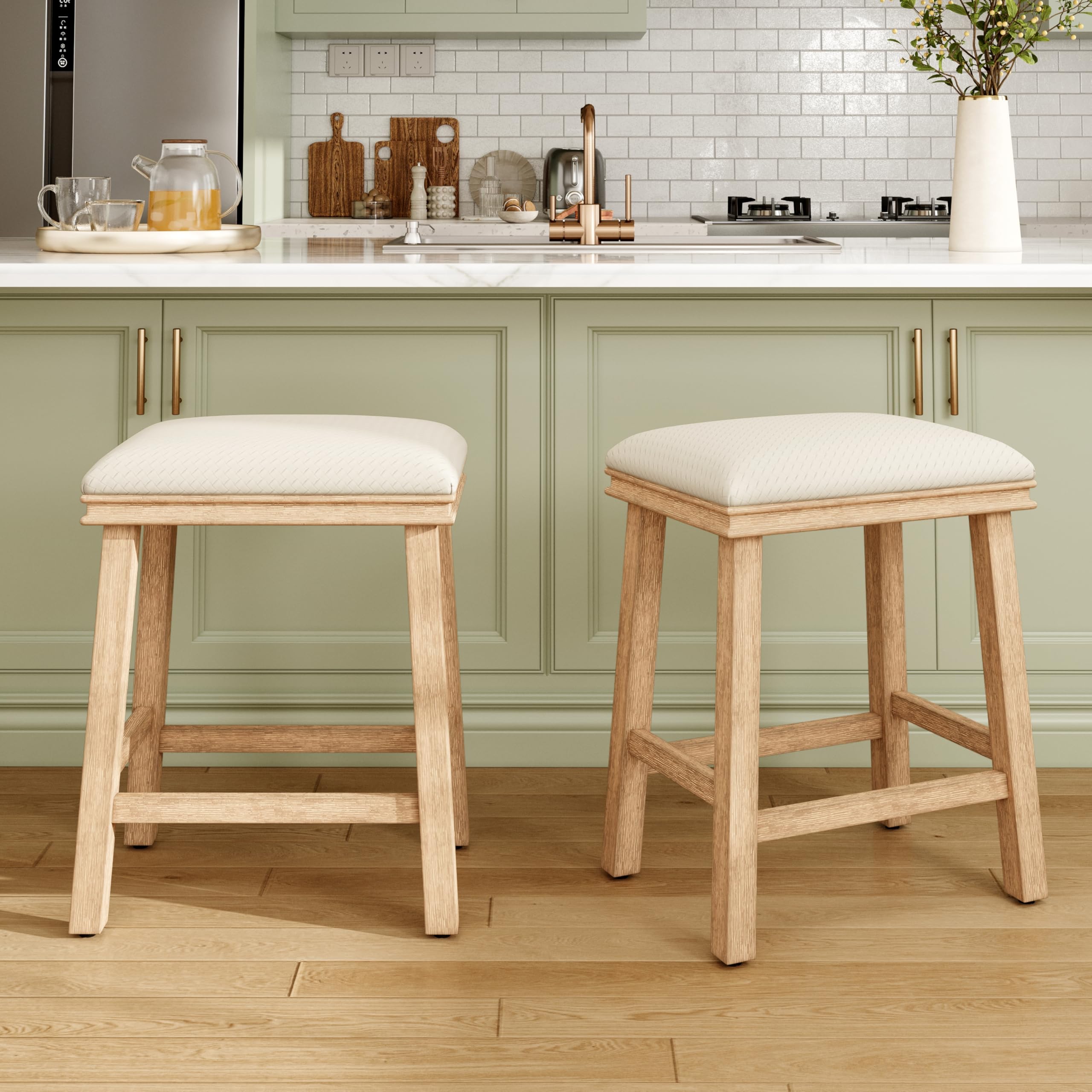 MAISON ARTS Off White Counter Height 24 inch Bar Stools Set of 2 for Kitchen Counter Solid Wood Legs with Faux Leather Padded Seat Farmhouse Barstools for 34"-38" Counter Island Upholstered Stools