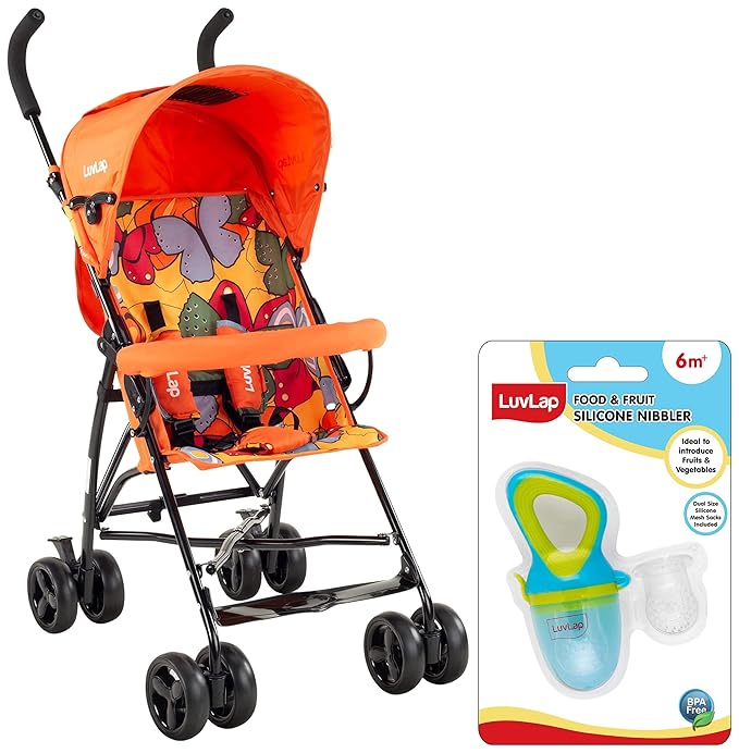 Tutti Frutti Stroller/Buggy, Compact & Travel Friendly, for Baby/Kids, 6-36 Months (Orange) & LuvLap Silicone Food/Fruit Nibbler with Extra Mesh, Elegant Blue,