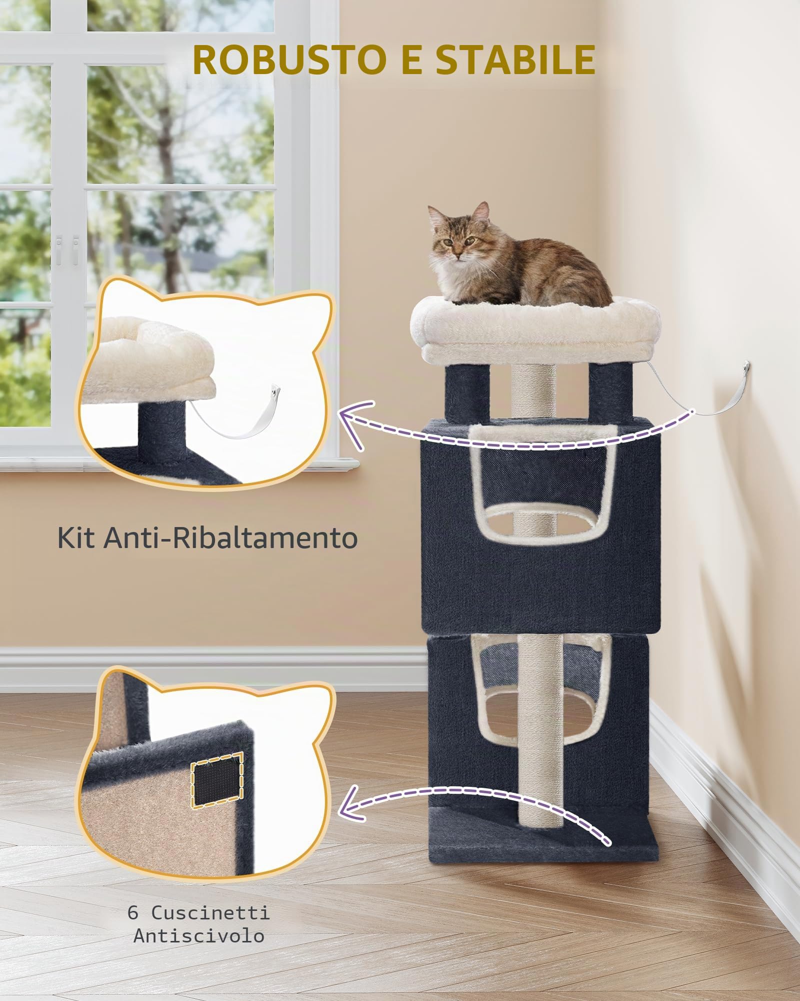 Hzuaneri Tiragraffi per Gatti, 75 cm Albero Tiragraffi per Gatti con 2 Grotte per Gatto, 3 pali in sisal, Trespolo di Peluche, Cestino, Grigio Scuro MS07618SG