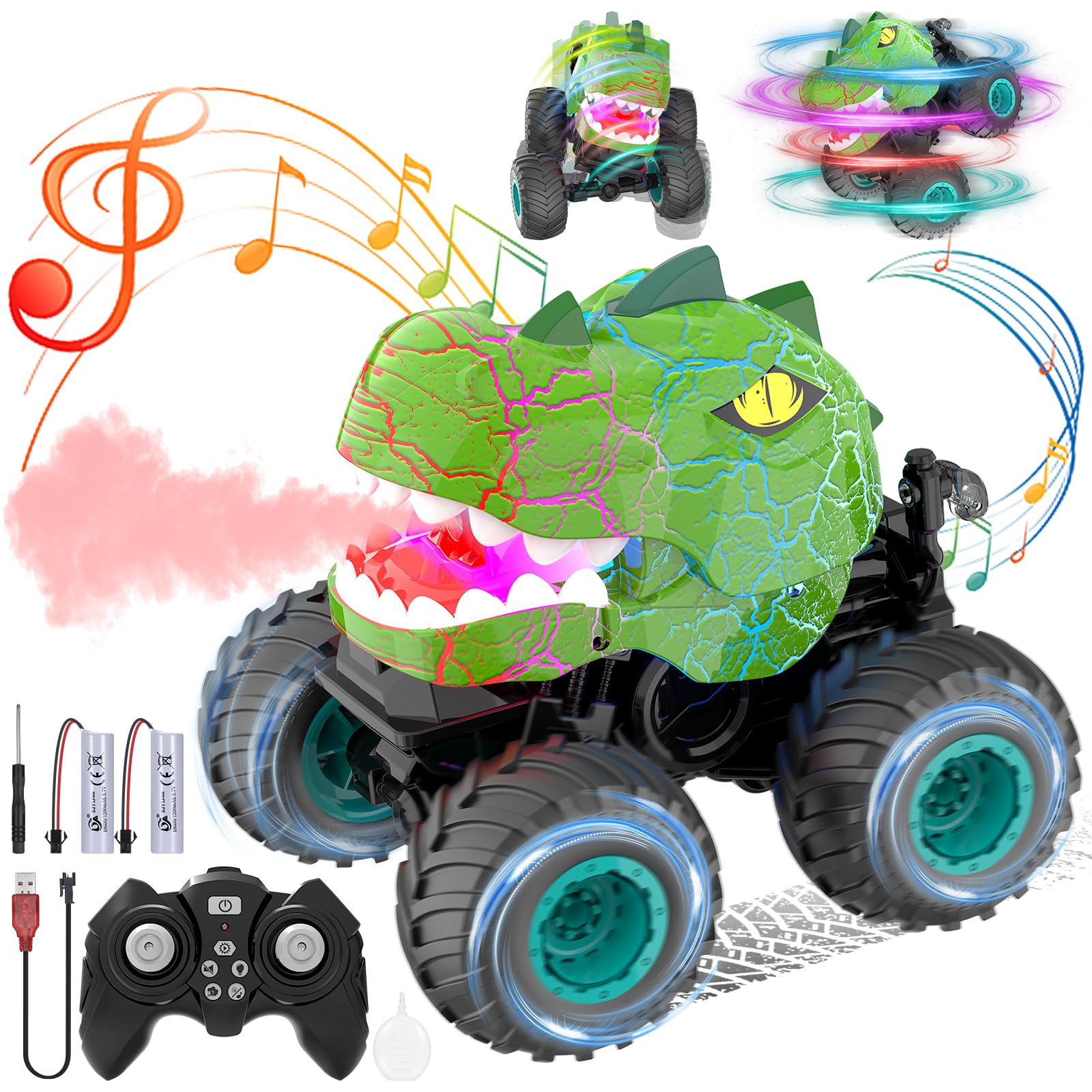 Dinosaurio Coche Teledirigido Niños, Monster Truck Juguetes para de 3 4 5 6 7 8 Años, DinoTeledirigido Camion, Coche Radiocontrol con Luz LED, Cumpleaños para Niños(Verde)