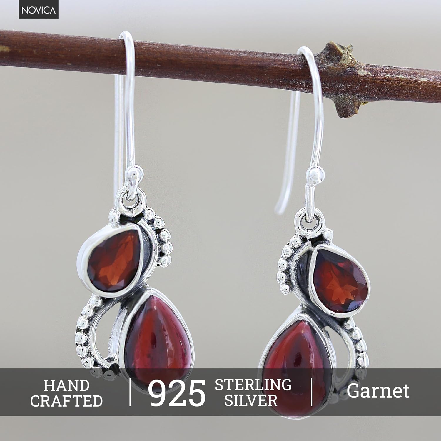 NOVICA Artisan Handmade Garnet Dangle Earrings | Faceted Cabochon Sterling Silver | India Gemstone Birthstone | 'Fireglow' | 1.4" L x 0.4" W x 0.3" D
