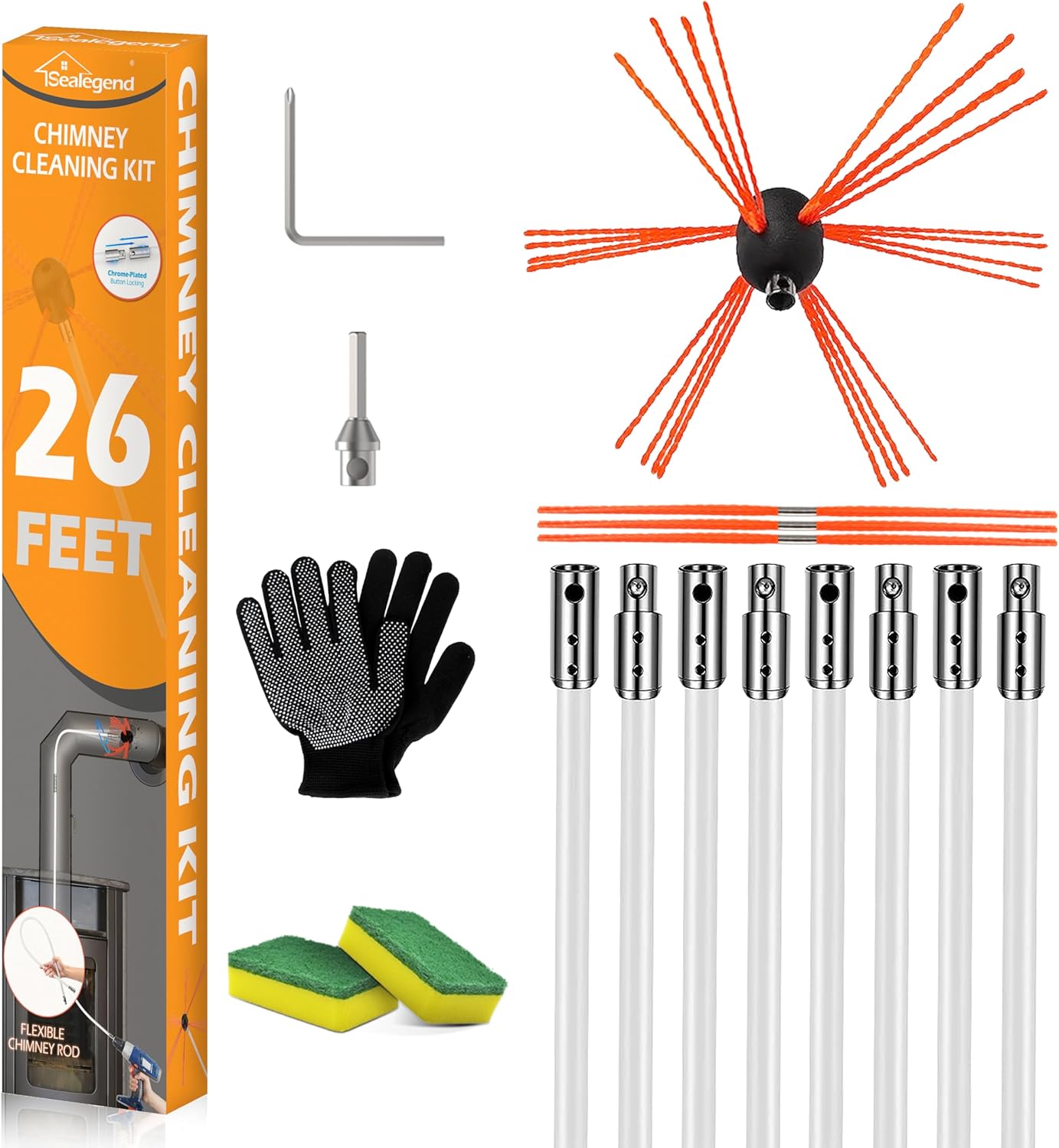 Sealegend 26 Feet Chimney Sweep Kit Chimney Brush Chimney Cleaning Kit and Rotary Chimney Cleaning System Fireplace Brush Tool with 8 Nylon Flexible Rods (26FT)