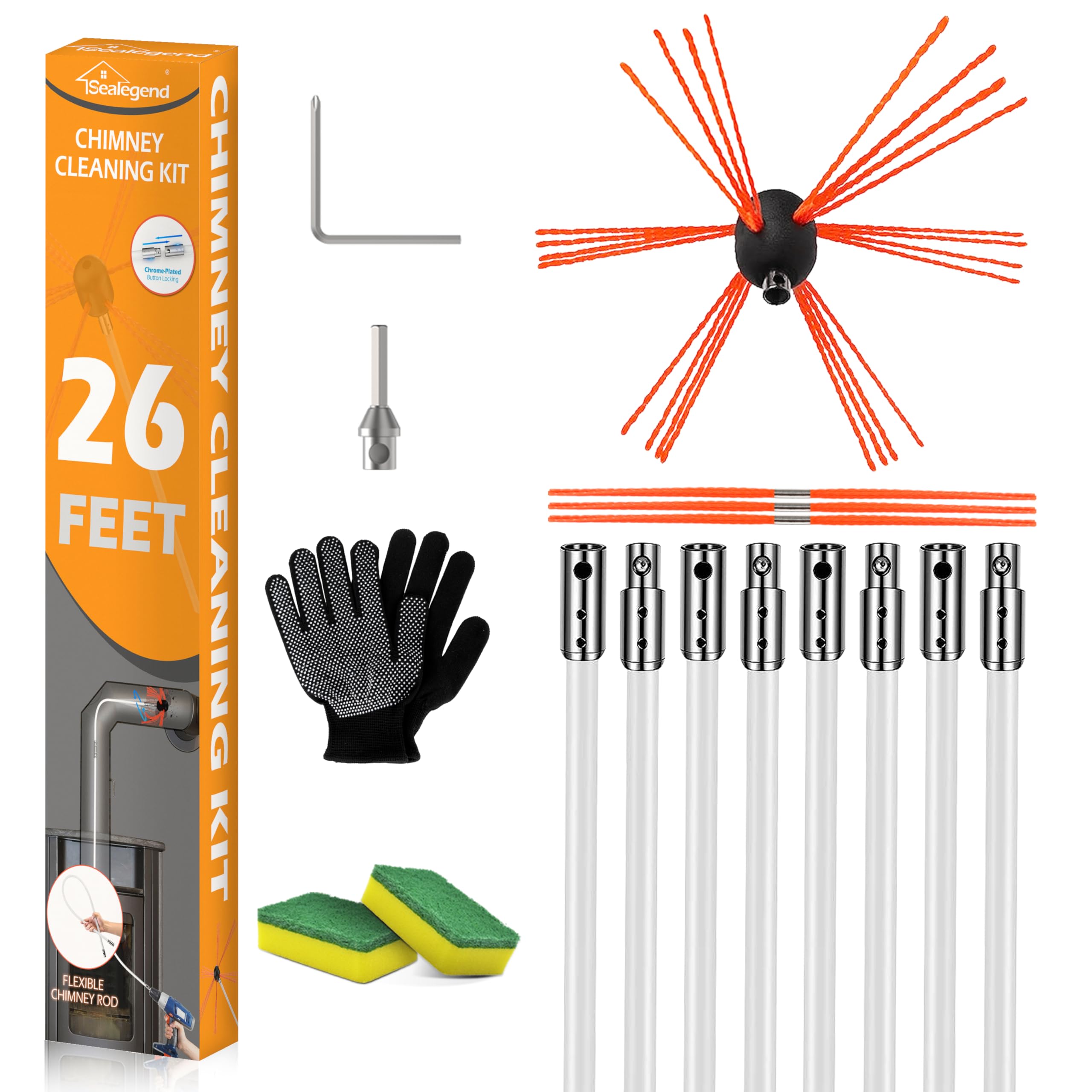Sealegend 26 Feet Chimney Sweep Kit Chimney Brush Chimney Cleaning Kit and Rotary Chimney Cleaning System Fireplace Brush Tool with 8 Nylon Flexible Rods