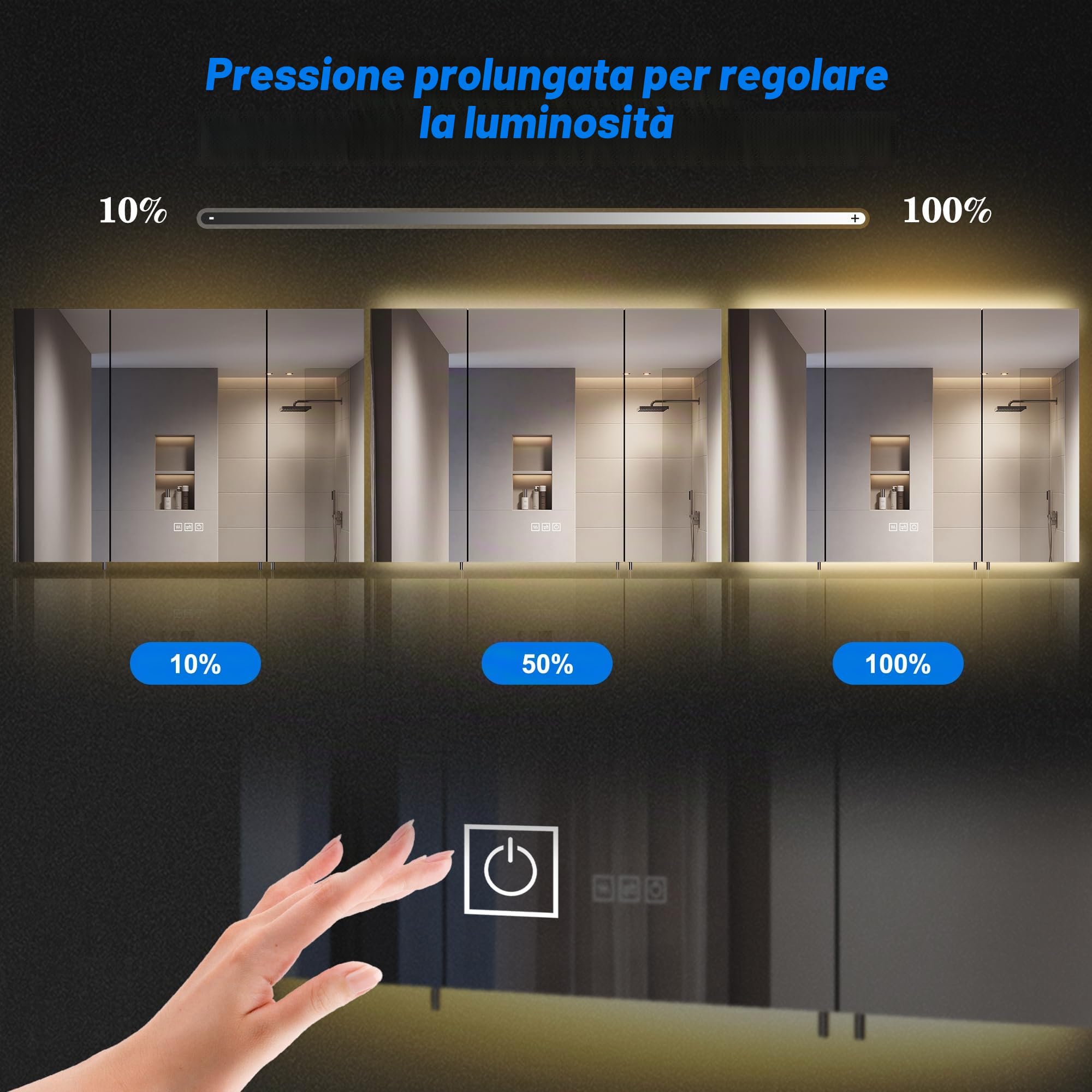 SONNI Armadietto a specchio da bagno con illuminazione e presa a 3 porte, con interruttore touch, 3 colori di luce regolabili, senza appannamento, per il bagno, 90 x 65 cm, nero opaco