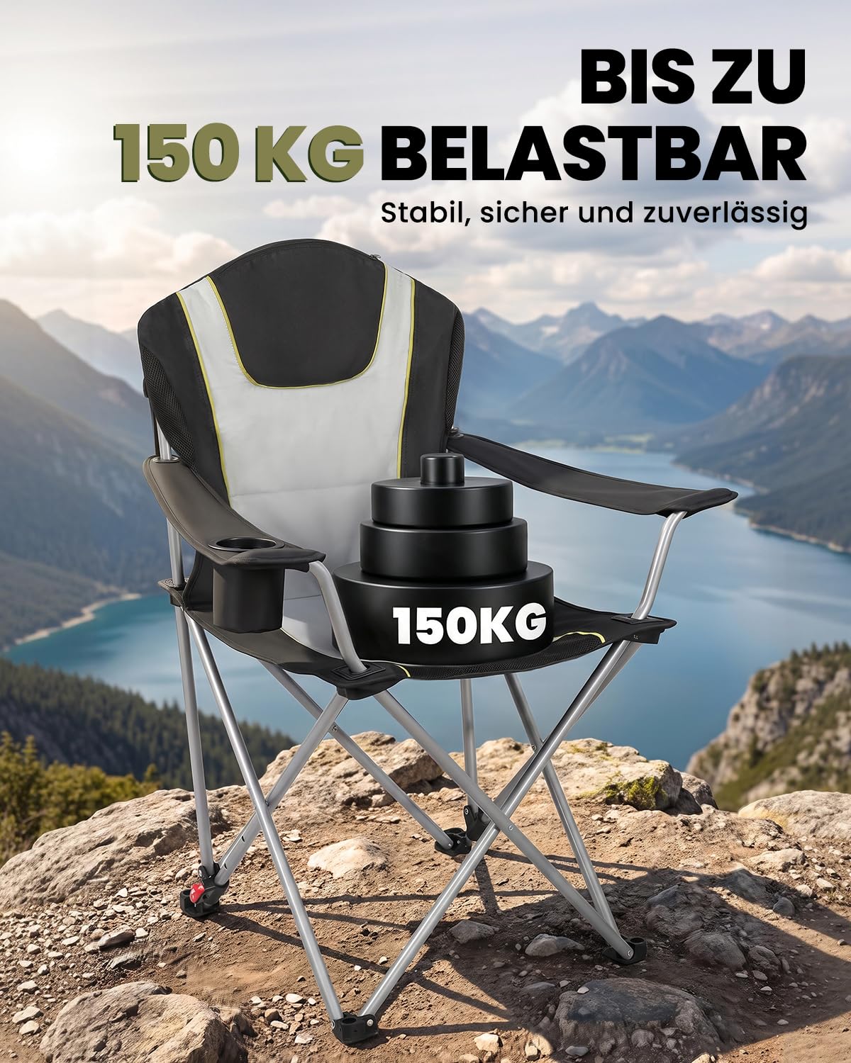 Homecall Campingstuhl Faltbar 150 KG Belastbar Camping Stuhl mit Armlehnen, Becherhalter, Abnehmbares Kissen, Tragetasche - Anglerstuhl Klappstuhl für Outdoors