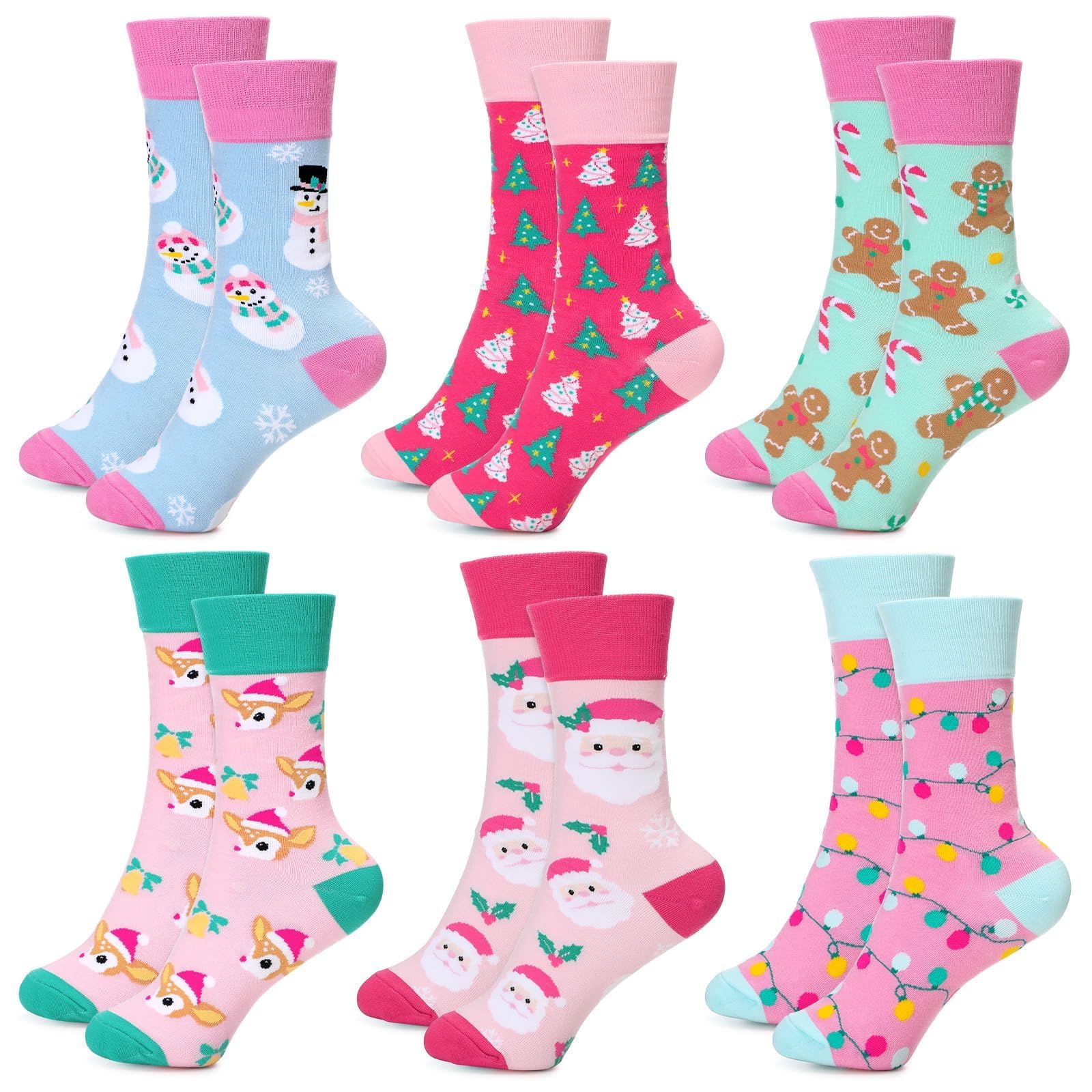 Vansolinne 6 Pairs Pink Christmas Socks for Women Girls Cotton Santa Snowman Gingerbread Xmas Crew Socks for Pink Christmas Party Gifts
