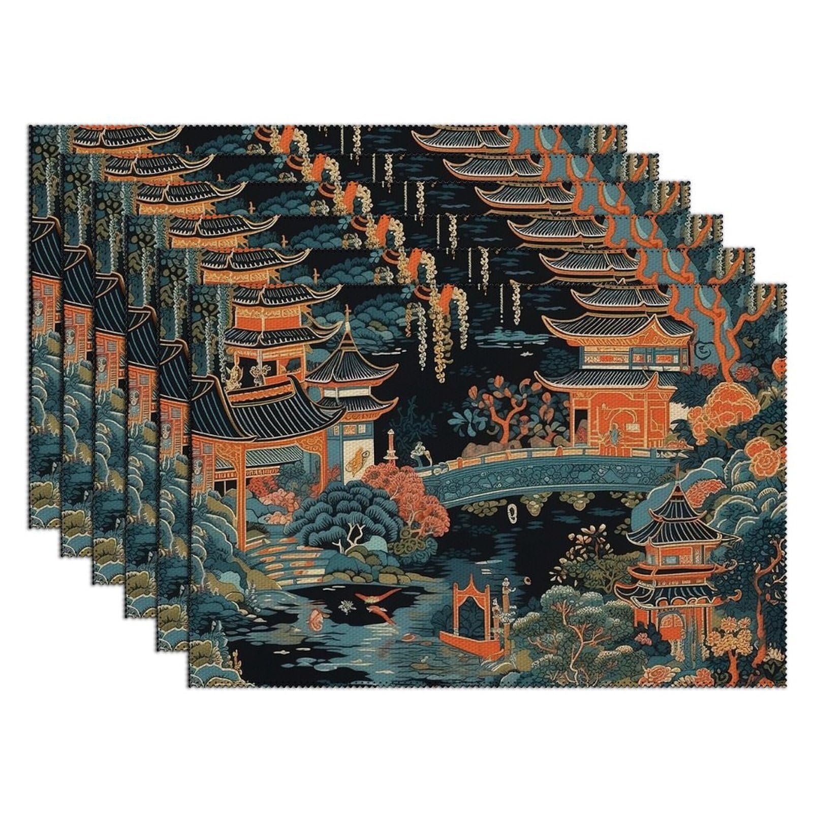 Luckluccy Coral Chinoiserie Charcoal Pagoda Placemats Set Of 6 Oriental Chinese Asian Style Japanese Place Mats Abstract Dining Table Place Mats For Kitchen Restaurant Wipeable 12X18 Inch