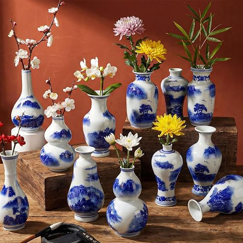 Maxcheck 12 Pcs Small Blue and White Vase Mini Porcelain Chinoiserie Bud Vase Vintage Ceramic Oriental Handmade Chinese Flower Jardiniere for Home Office Shelf Table Centerpieces Decor(Stylish)