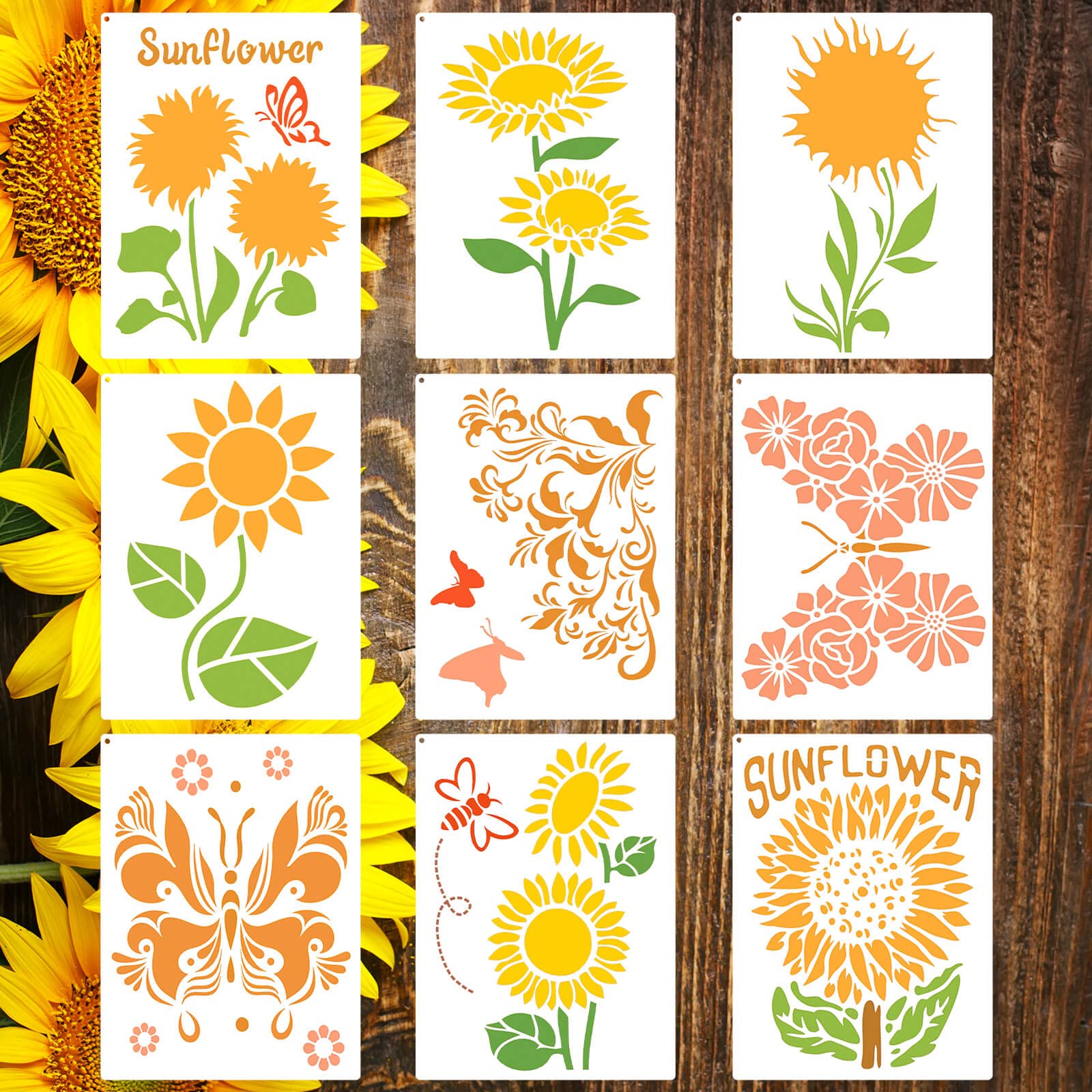 9 x Sonnenblumen-Schmetterling-Schablonen, wiederverwendbare PET-Sonnenblumen-Vorlage, DIY-Bastelschablone mit offenem Metallring, zum Malen auf Holz, Leinwand, Papier, Stoff, Wand, Möbel, 20,3 x 27,9